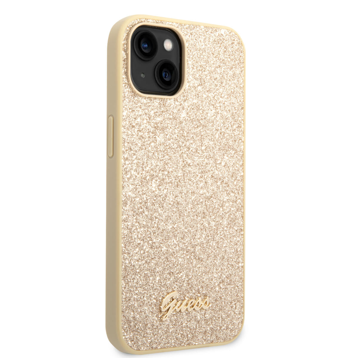 Guess Glitter Flakes Case with Ikonik Patch and Vintage Script Logo Θήκη προστασίας από σιλικόνη – iPhone 14 Plus (Glitter Gold)
