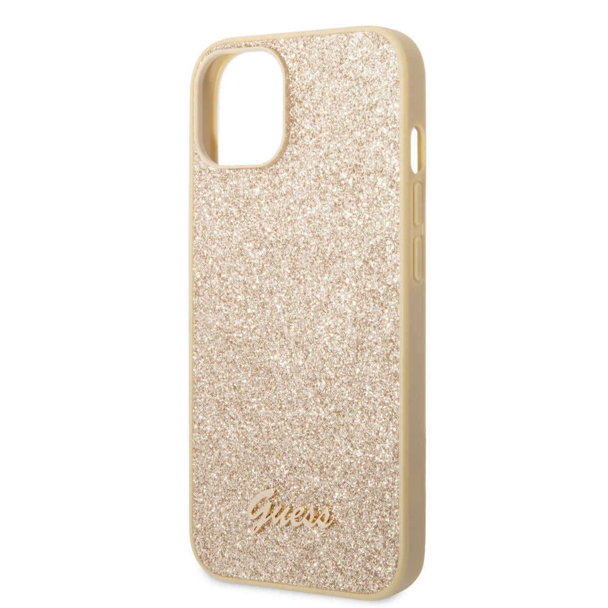 Guess Glitter Flakes Case with Ikonik Patch and Vintage Script Logo Θήκη προστασίας από σιλικόνη – iPhone 14 Plus (Glitter Gold)