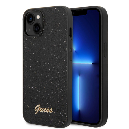 Guess Glitter Flakes Case With Ikonik Patch And Vintage Script Logo Θήκη Προστασίας Από Σιλικόνη – Iphone 14 Plus (Glitter Black) – Θήκη για κινητό από το PhoneBazaar.gr