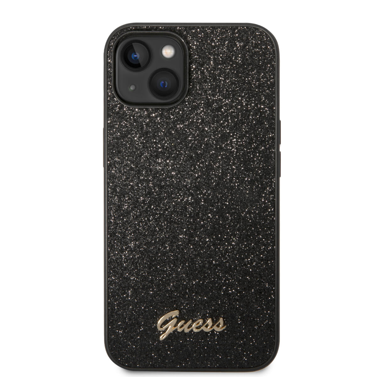 Guess Glitter Flakes Case with Ikonik Patch and Vintage Script Logo Θήκη προστασίας από σιλικόνη – iPhone 14 Plus (Glitter Black)