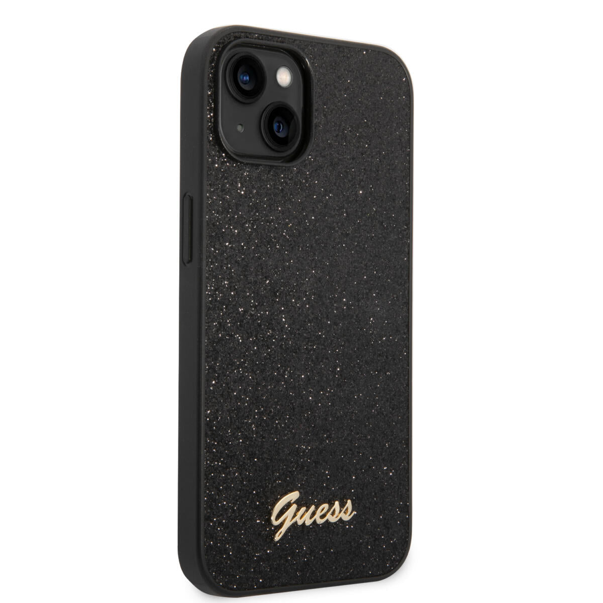Guess Glitter Flakes Case with Ikonik Patch and Vintage Script Logo Θήκη προστασίας από σιλικόνη – iPhone 14 Plus (Glitter Black)