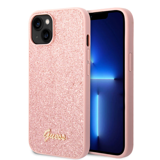 Guess Glitter Flakes Case With Ikonik Patch And Vintage Script Logo Θήκη Προστασίας Από Σιλικόνη – Iphone 14 Plus  (Glitter Pink) – Θήκη για κινητό από το PhoneBazaar.gr