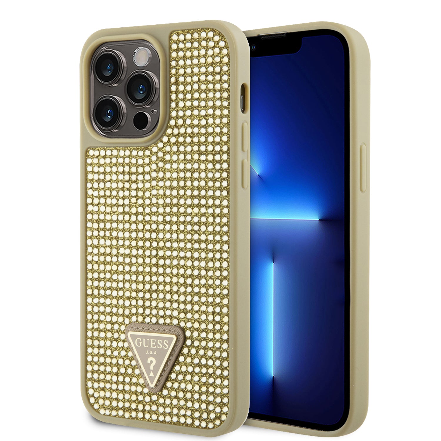 Guess “Rhinestones Triangle Metal Logo Collection” Θήκη Προστασίας Για Iphone 14 Pro Max (Χρυσό) – Θήκη για κινητό από το PhoneBazaar.gr