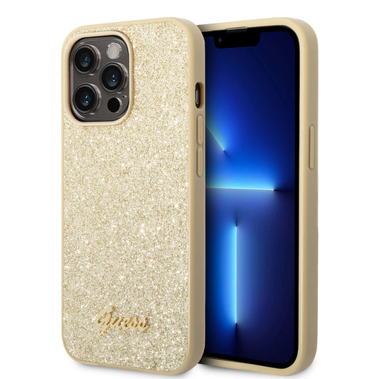 Guess Glitter Flakes Case With Ikonik Patch And Vintage Script Logo Θήκη Προστασίας Από Σιλικόνη – Iphone 14 Pro Max (Glitter Gold) – Θήκη για κινητό από το PhoneBazaar.gr