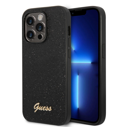 Guess Glitter Flakes Case With Ikonik Patch And Vintage Script Logo Θήκη Προστασίας Από Σιλικόνη – Iphone 14 Pro Max  (Glitter Black) – Θήκη για κινητό από το PhoneBazaar.gr