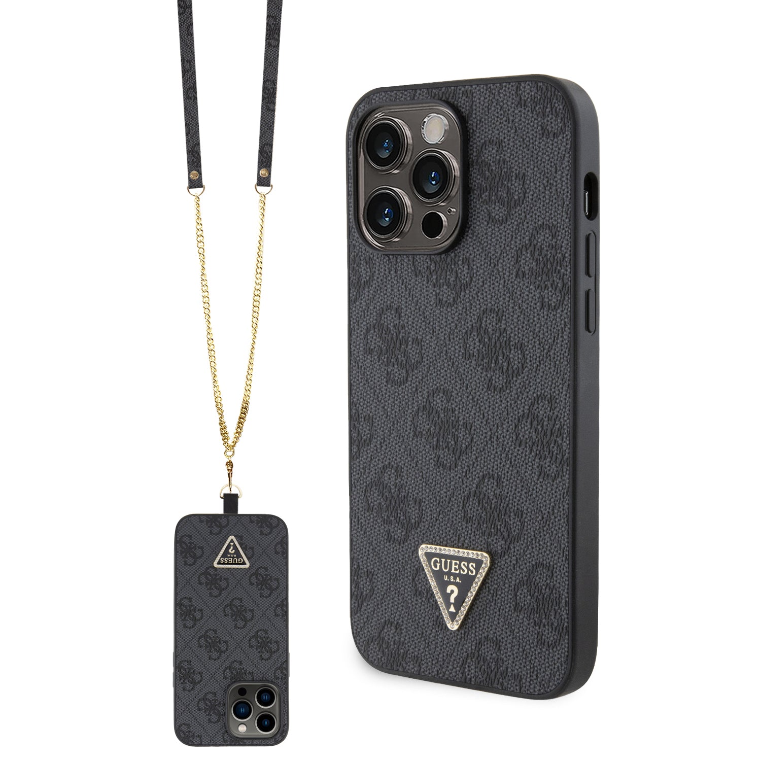 Guess “Triangle Metal Logo Strass Collection” Crossbody Case Θήκη Προστασίας Από Δερματίνη Με Λουράκι – Iphone 14 Pro Max (Μαύρο – Guhcp14Xp4Tdscpk) – Θήκη για κινητό από το PhoneBazaar.gr