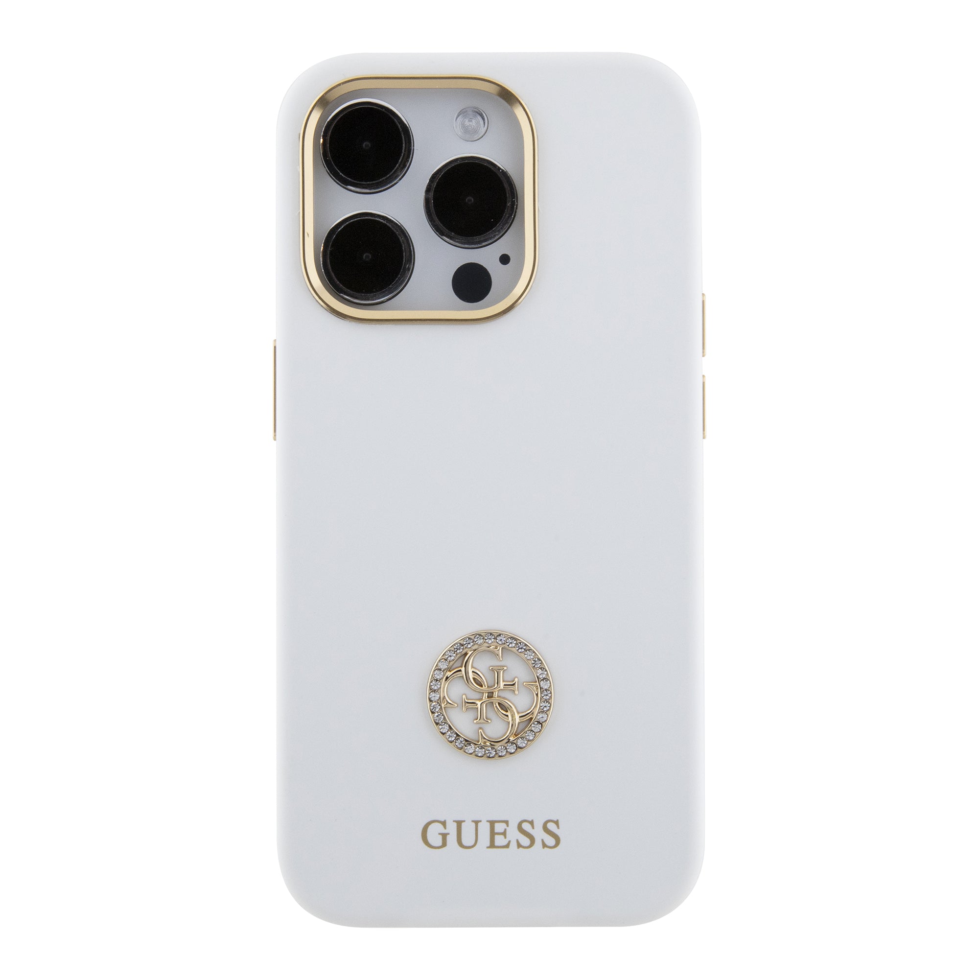 Guess "4G Strass Logo Collection" Case Θήκη προστασίας από σιλικόνη – iPhone 15 Pro (White – GUHCP15LM4DGPH)