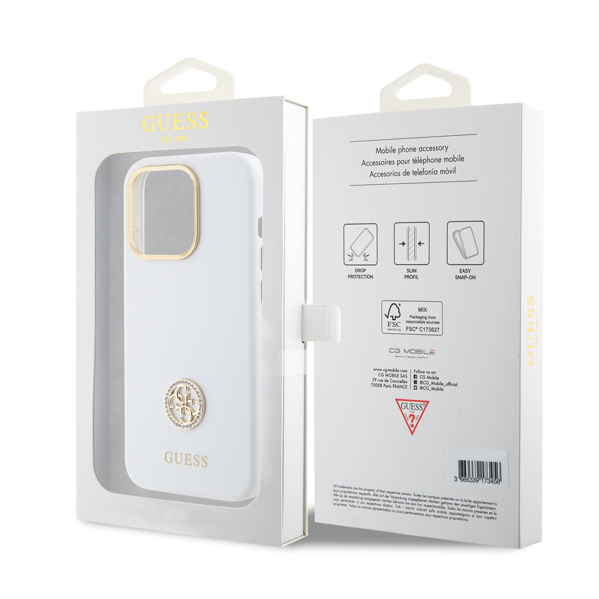 Guess "4G Strass Logo Collection" Case Θήκη προστασίας από σιλικόνη – iPhone 15 Pro (White – GUHCP15LM4DGPH)