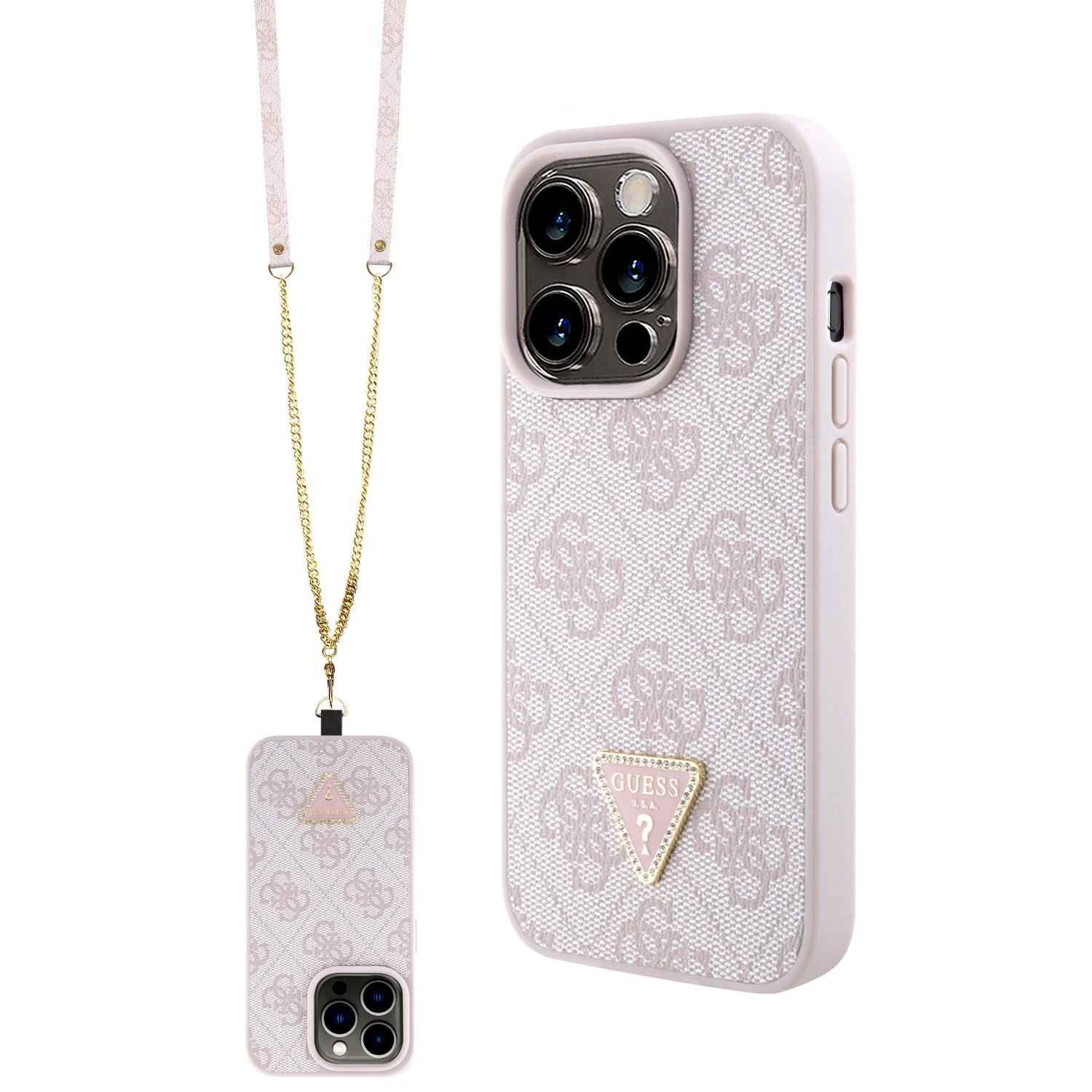 Guess "4G Metal Logo Strass Collection" Crossbody Case Θήκη Προστασίας Από Δερματίνη Με Λουράκι – Iphone 15 Pro (Ροζ – Guhcp15Lp4Tdscpp) – Θήκη για κινητό από το PhoneBazaar.gr