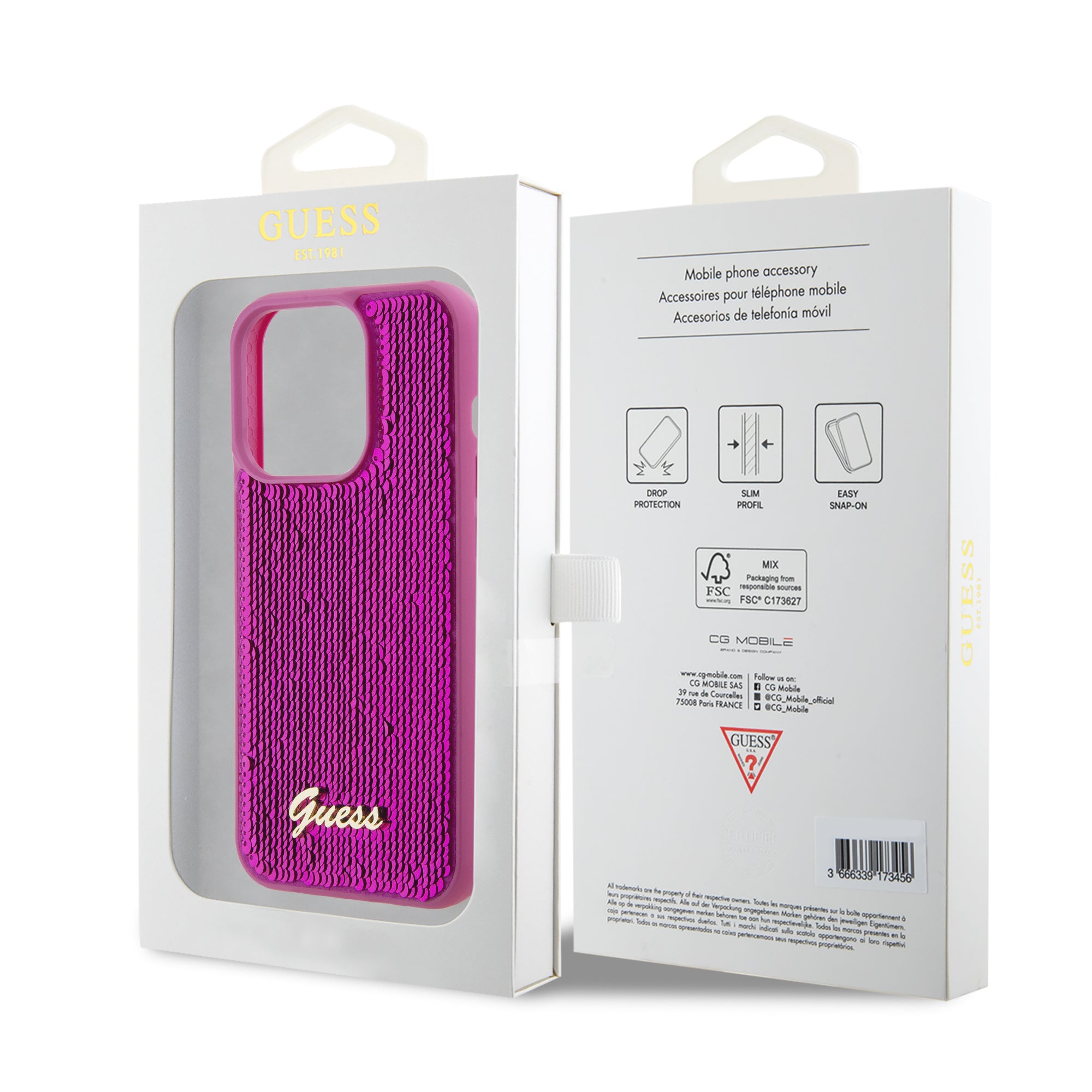 Guess "Sequin Script Metal" Hard Case iPhone 15 Pro (Fuchsia – GUHCP15LPSFDGSF)