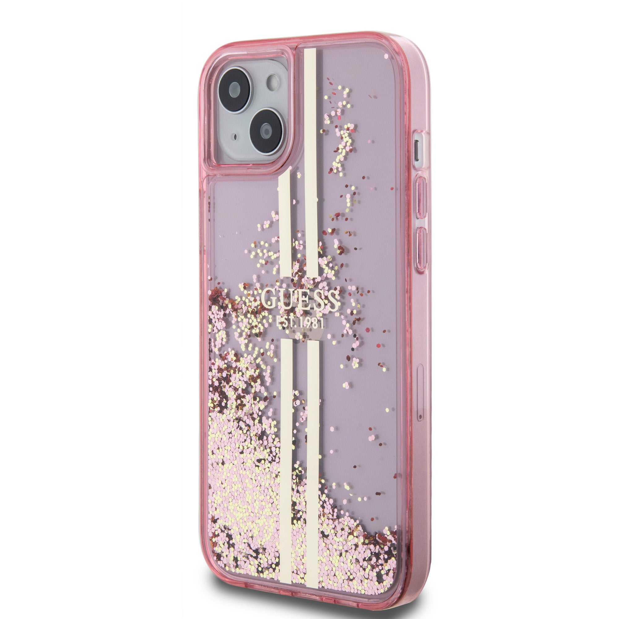 Guess “Liquid Glitter Gold Stripes" Ημιδιάφανη Θήκη προστασίας από σιλικόνη – iPhone 15 Plus (Ροζ – GUHCP15MLFCSEGP)