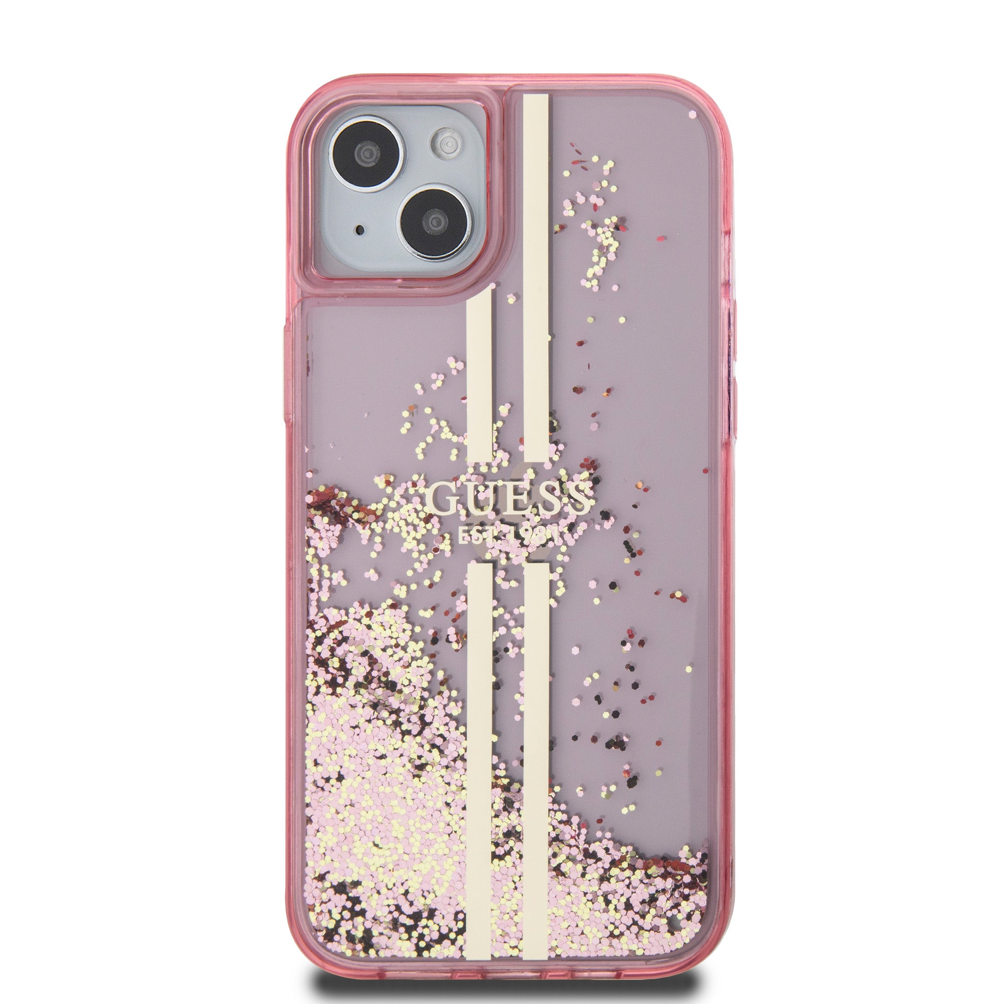 Guess “Liquid Glitter Gold Stripes" Ημιδιάφανη Θήκη προστασίας από σιλικόνη – iPhone 15 Plus (Ροζ – GUHCP15MLFCSEGP)