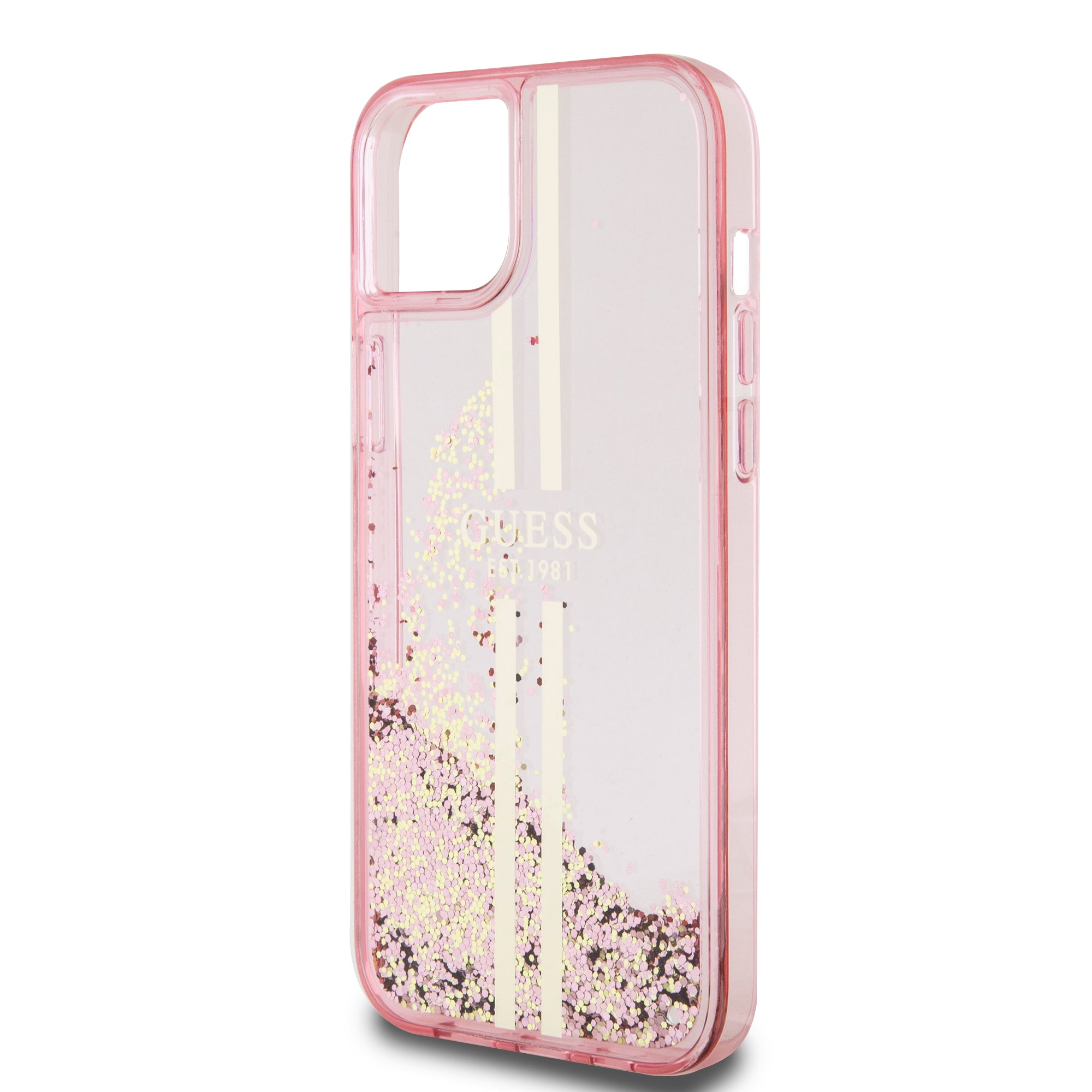 Guess “Liquid Glitter Gold Stripes" Ημιδιάφανη Θήκη προστασίας από σιλικόνη – iPhone 15 Plus (Ροζ – GUHCP15MLFCSEGP)