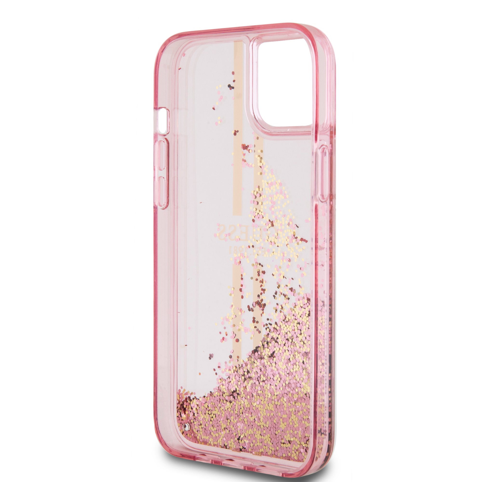 Guess “Liquid Glitter Gold Stripes" Ημιδιάφανη Θήκη προστασίας από σιλικόνη – iPhone 15 Plus (Ροζ – GUHCP15MLFCSEGP)