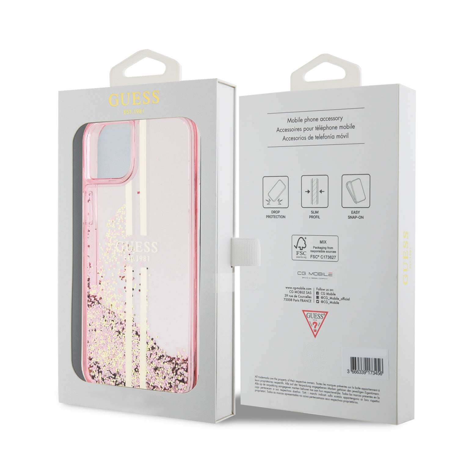 Guess “Liquid Glitter Gold Stripes" Ημιδιάφανη Θήκη προστασίας από σιλικόνη – iPhone 15 Plus (Ροζ – GUHCP15MLFCSEGP)