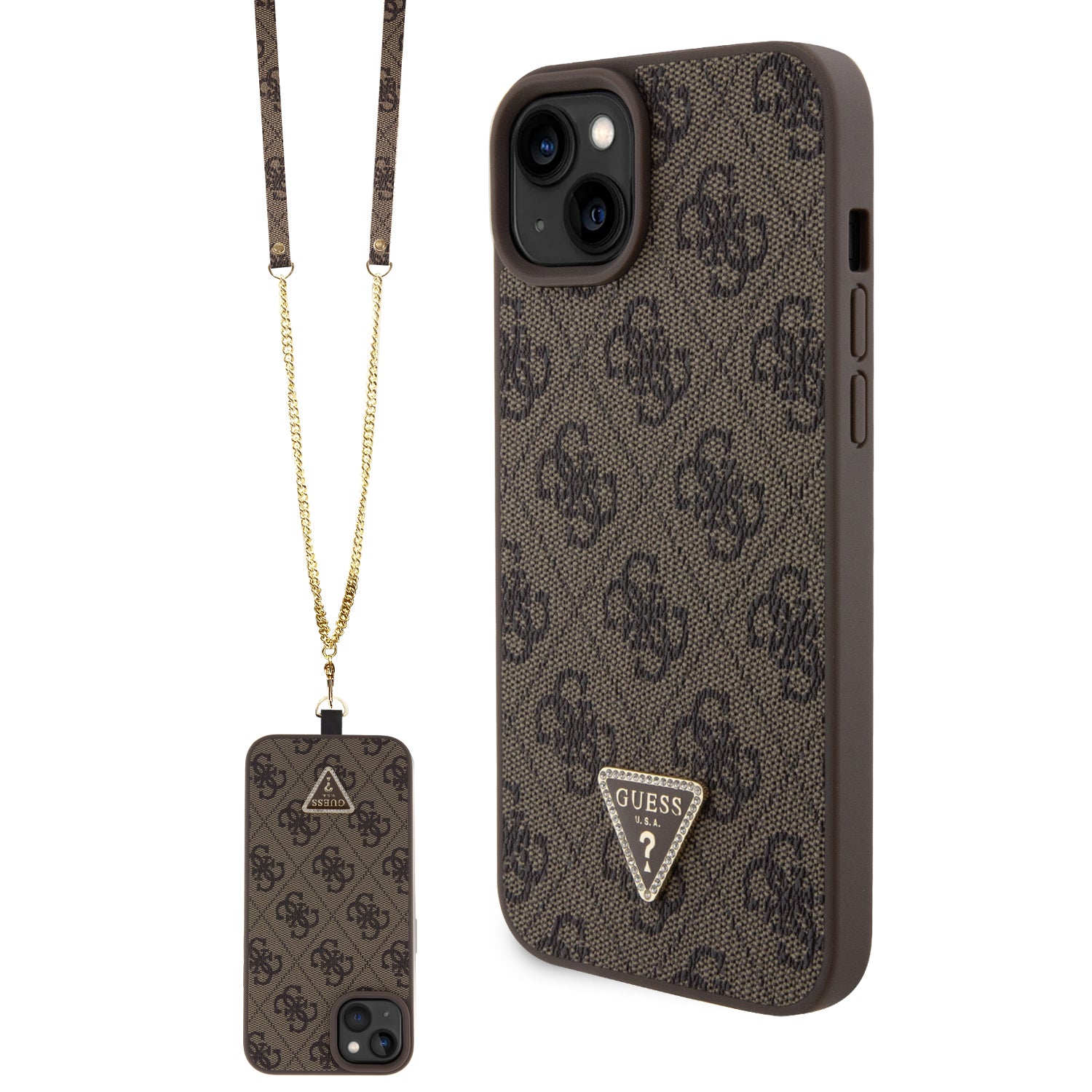 Guess “Triangle Metal Logo Strass Collection” Crossbody Case Θήκη Προστασίας Από Δερματίνη Με Λουράκι – Iphone 15 Plus (Καφέ – Guhcp15Mp4Tdscpw) – Θήκη για κινητό από το PhoneBazaar.gr