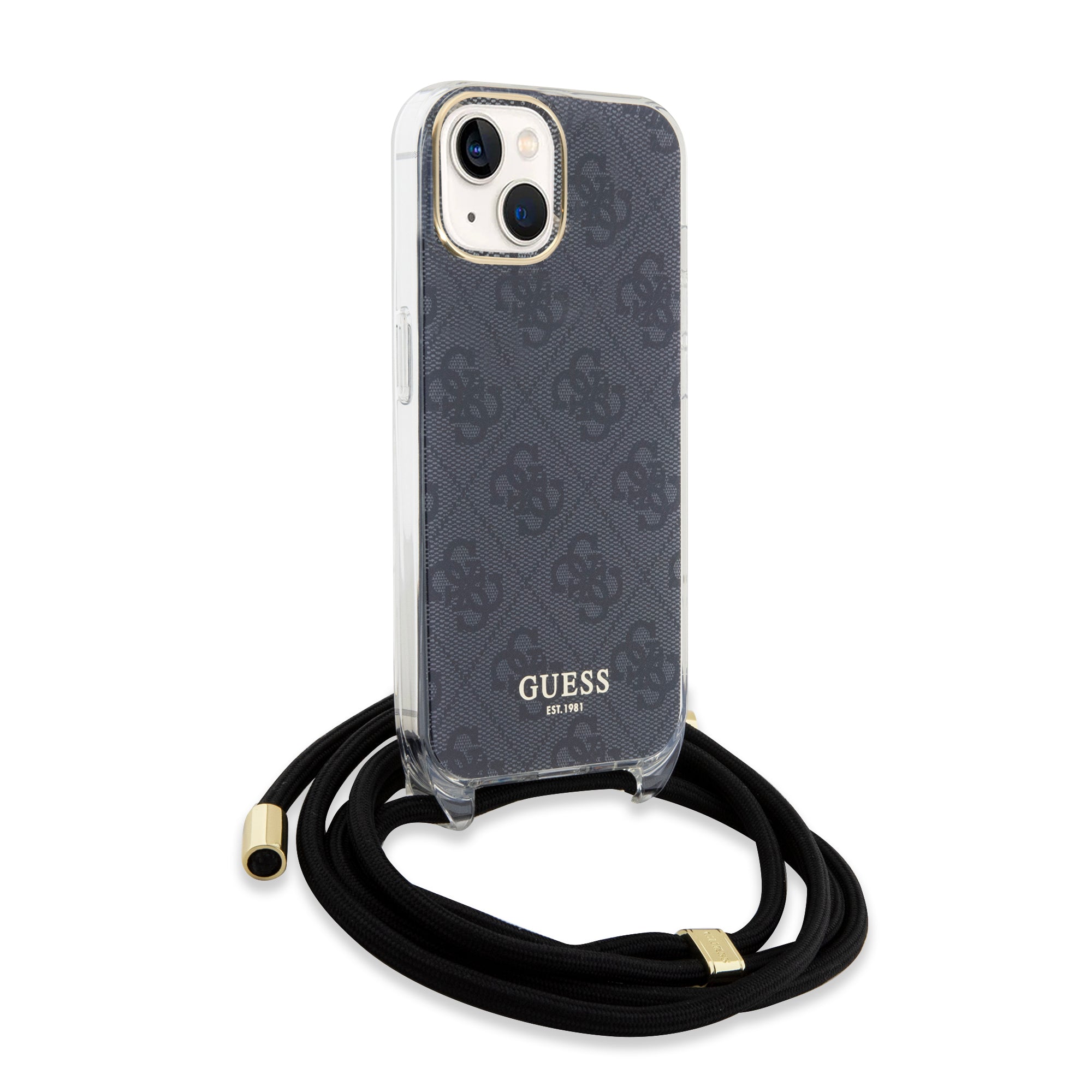 Guess "4G Logo Collection" Crossbody Hard Case Script Metal Logo Θήκη προστασίας από σιλικόνη με λουράκι – iPhone 15 (Μαύρο – GUHCP15SHC4SEK)