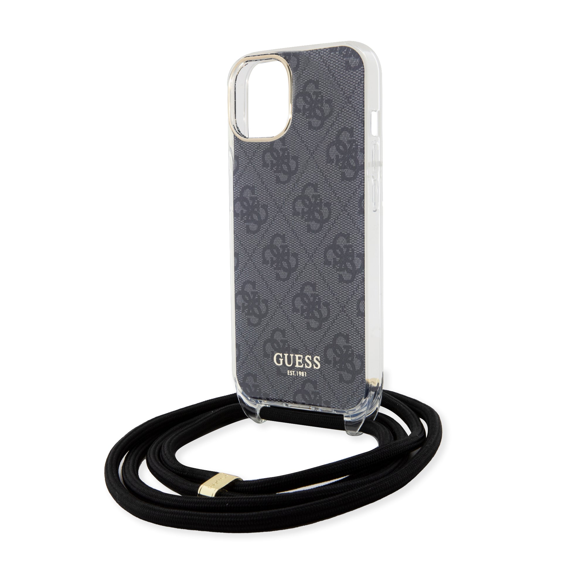 Guess "4G Logo Collection" Crossbody Hard Case Script Metal Logo Θήκη προστασίας από σιλικόνη με λουράκι – iPhone 15 (Μαύρο – GUHCP15SHC4SEK)