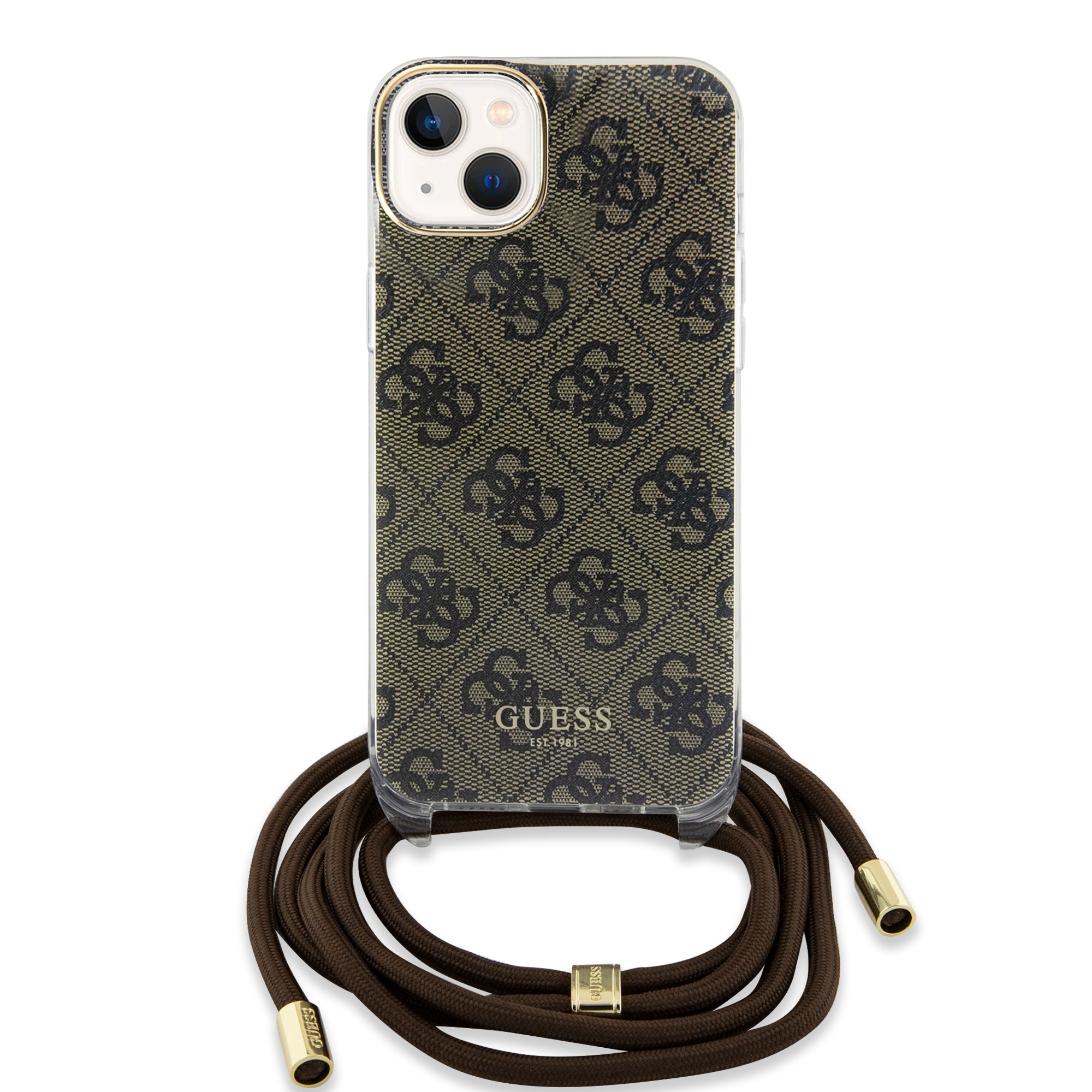 Guess "4G Logo Collection" Crossbody Hard Case Script Metal Logo Θήκη προστασίας από σιλικόνη με λουράκι – iPhone 15 (Καφέ – GUHCP15SHC4SEW)