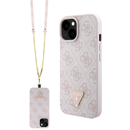 Guess "4G Metal Logo Strass Collection" Crossbody Case Θήκη Προστασίας Από Δερματίνη Με Λουράκι – Iphone 15 (Ροζ – Guhcp15Sp4Tdscpp) – Θήκη για κινητό από το PhoneBazaar.gr
