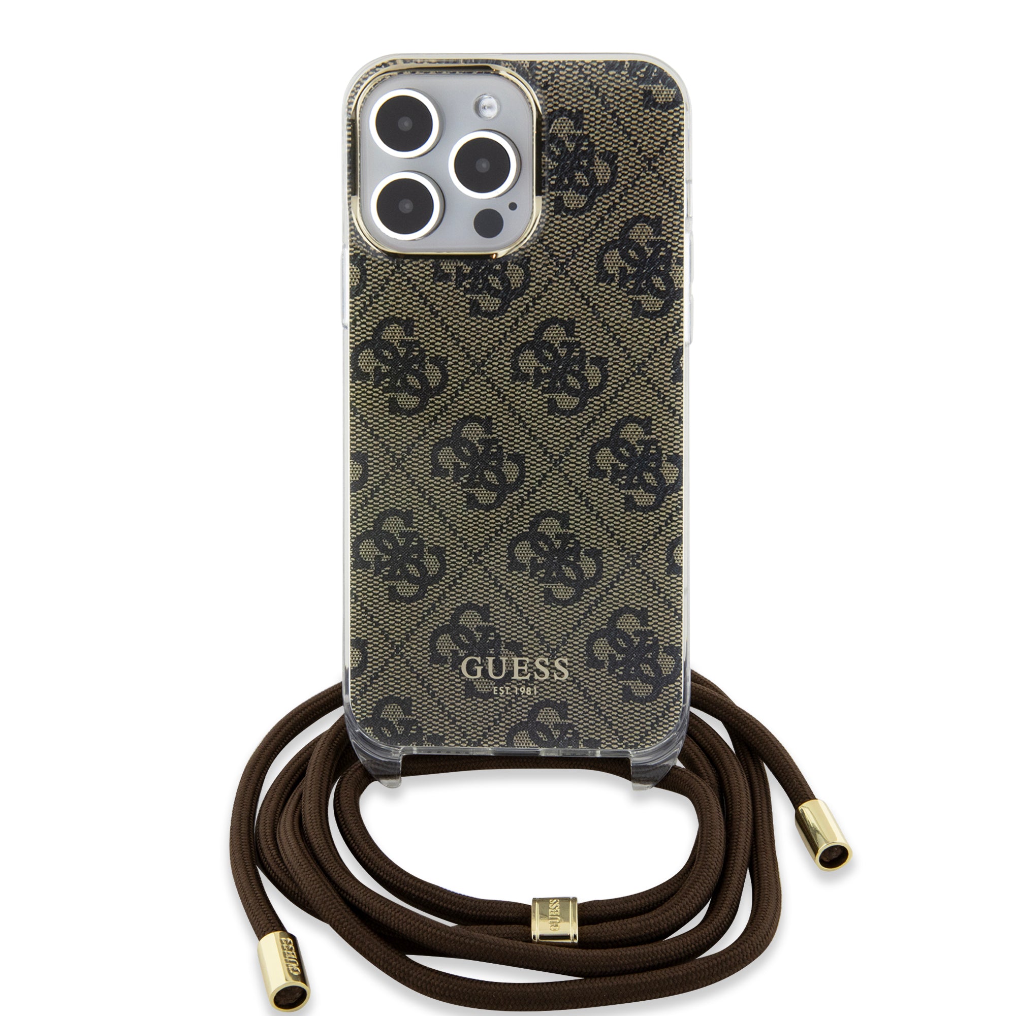 Guess "4G Logo Collection" Crossbody Hard Case Script Metal Logo Θήκη προστασίας από σιλικόνη με λουράκι – iPhone 15 Pro Max (Καφέ – GUHCP15XHC4SEW)