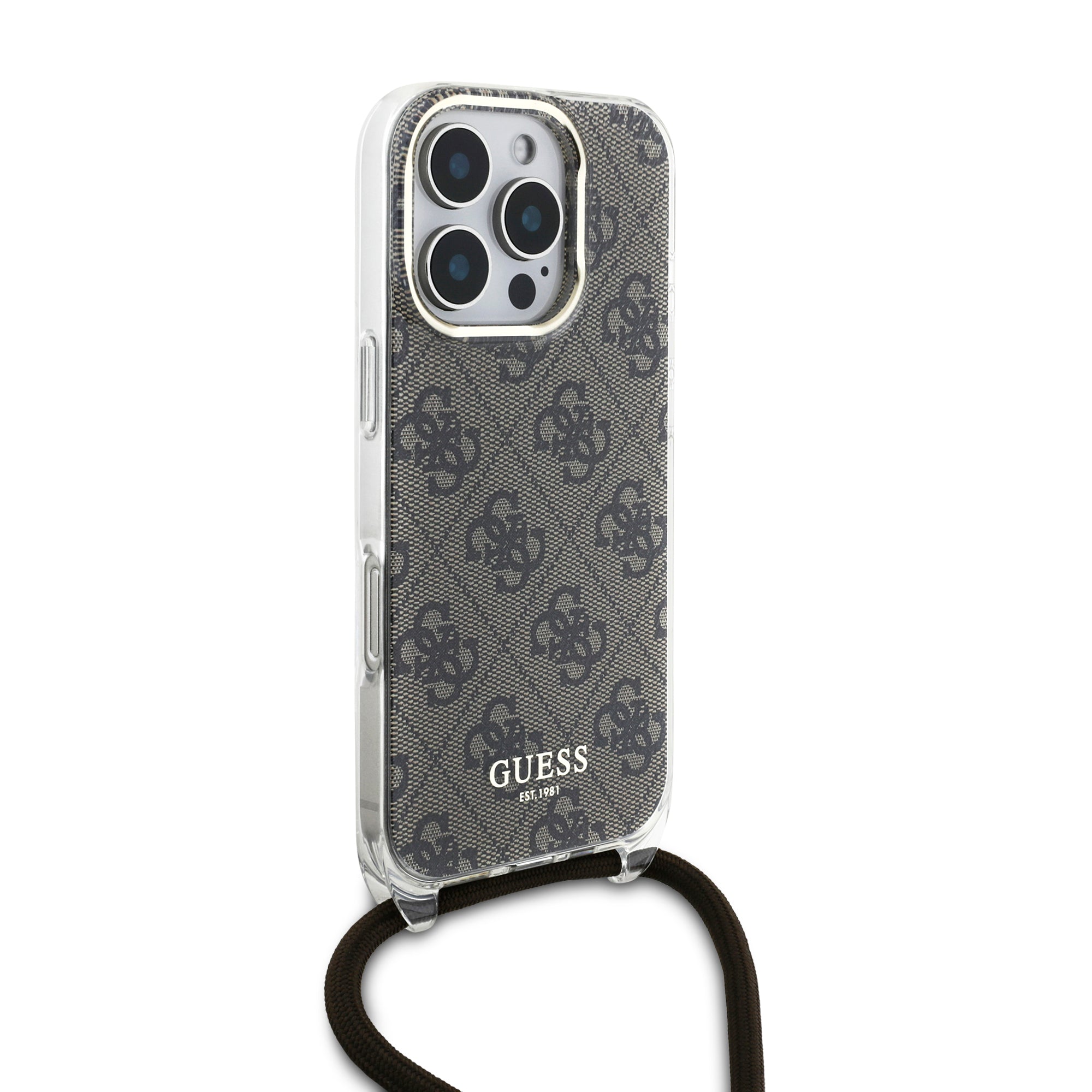 Guess “4G Logo Collection” Crossbody Hard Case Script Metal Logo Θήκη προστασίας από σιλικόνη με λουράκι – iPhone 16 Pro (Καφέ – GUHCP16LHC4SEW)