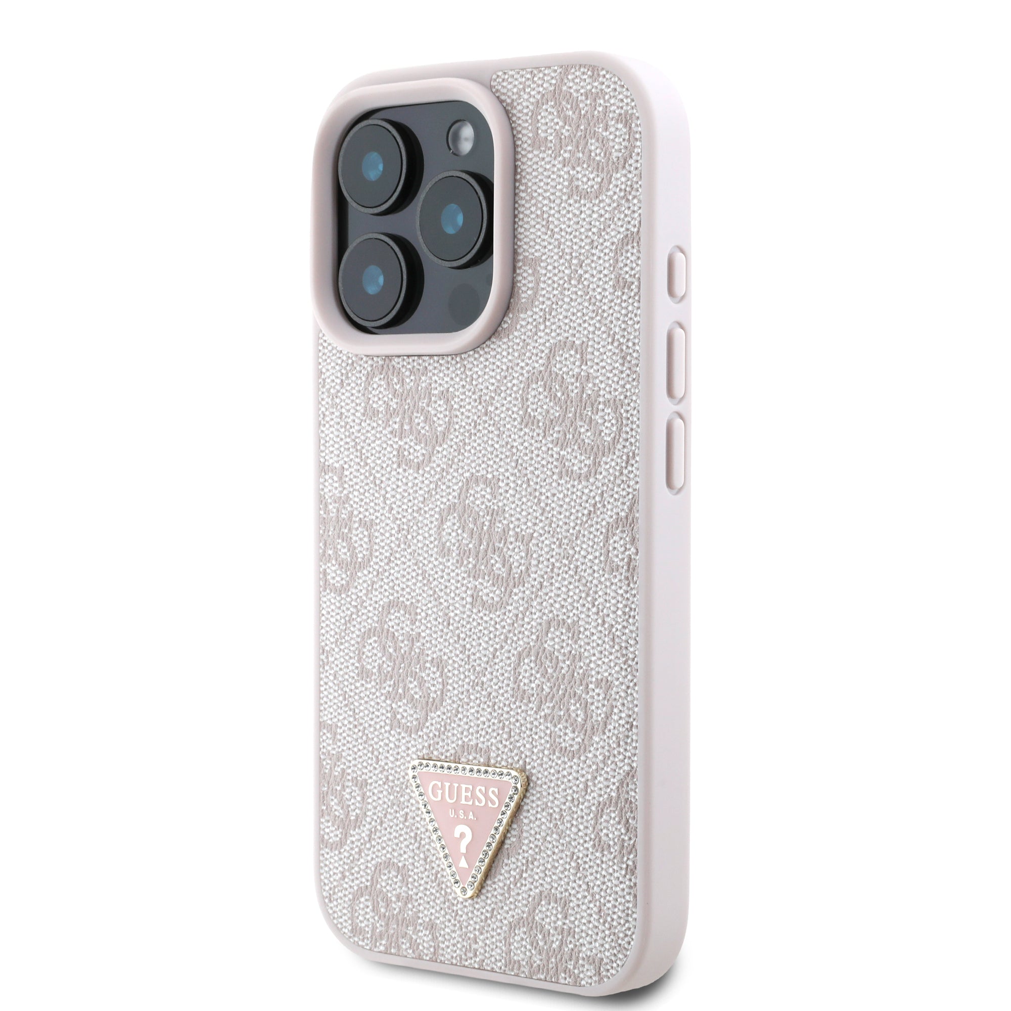 Guess “Triangle Metal Logo Strass Collection” Case Θήκη προστασίας από δερματίνη – iPhone 16 Pro (Ροζ – GUHCP16LP4TDPP)