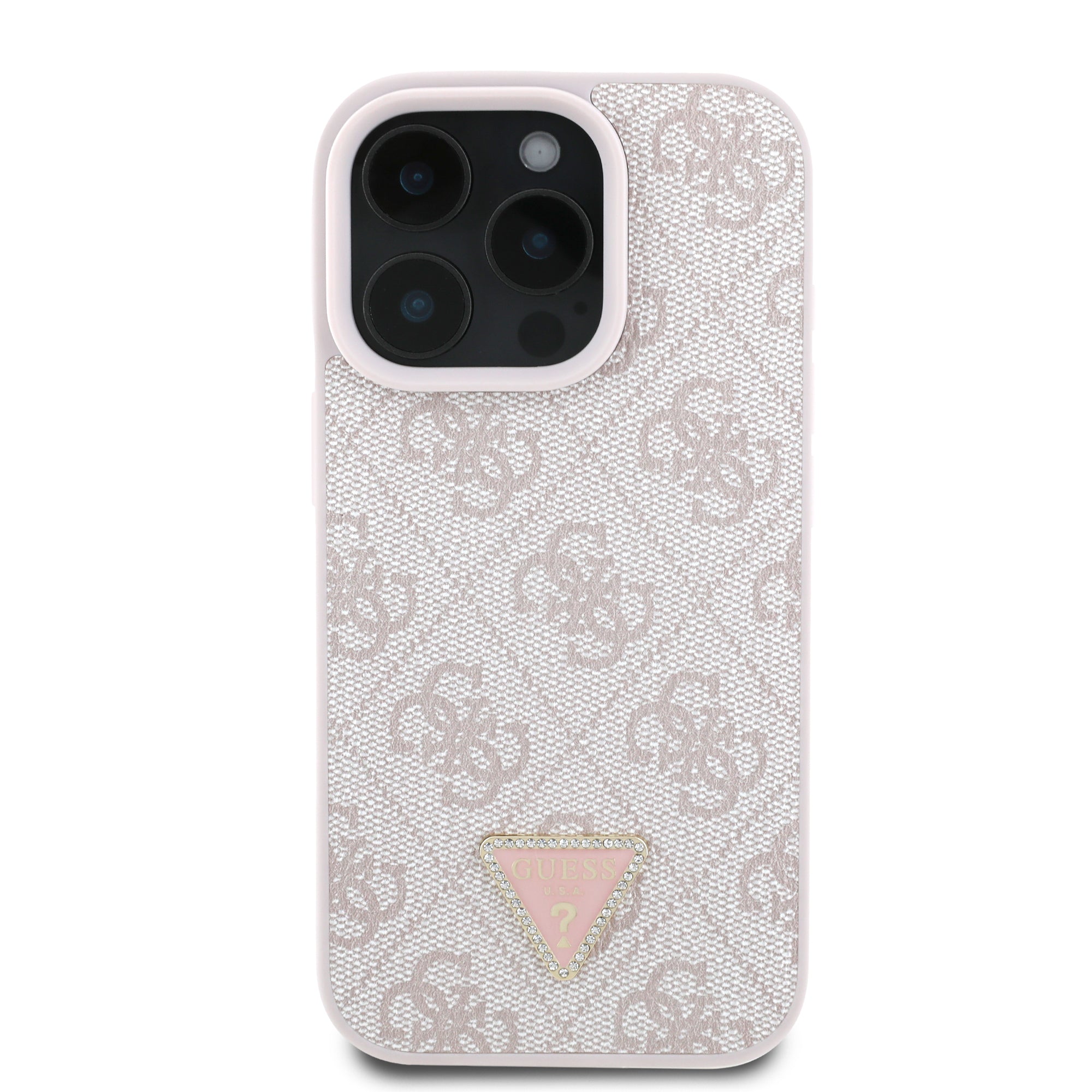 Guess “Triangle Metal Logo Strass Collection” Case Θήκη προστασίας από δερματίνη – iPhone 16 Pro (Ροζ – GUHCP16LP4TDPP)