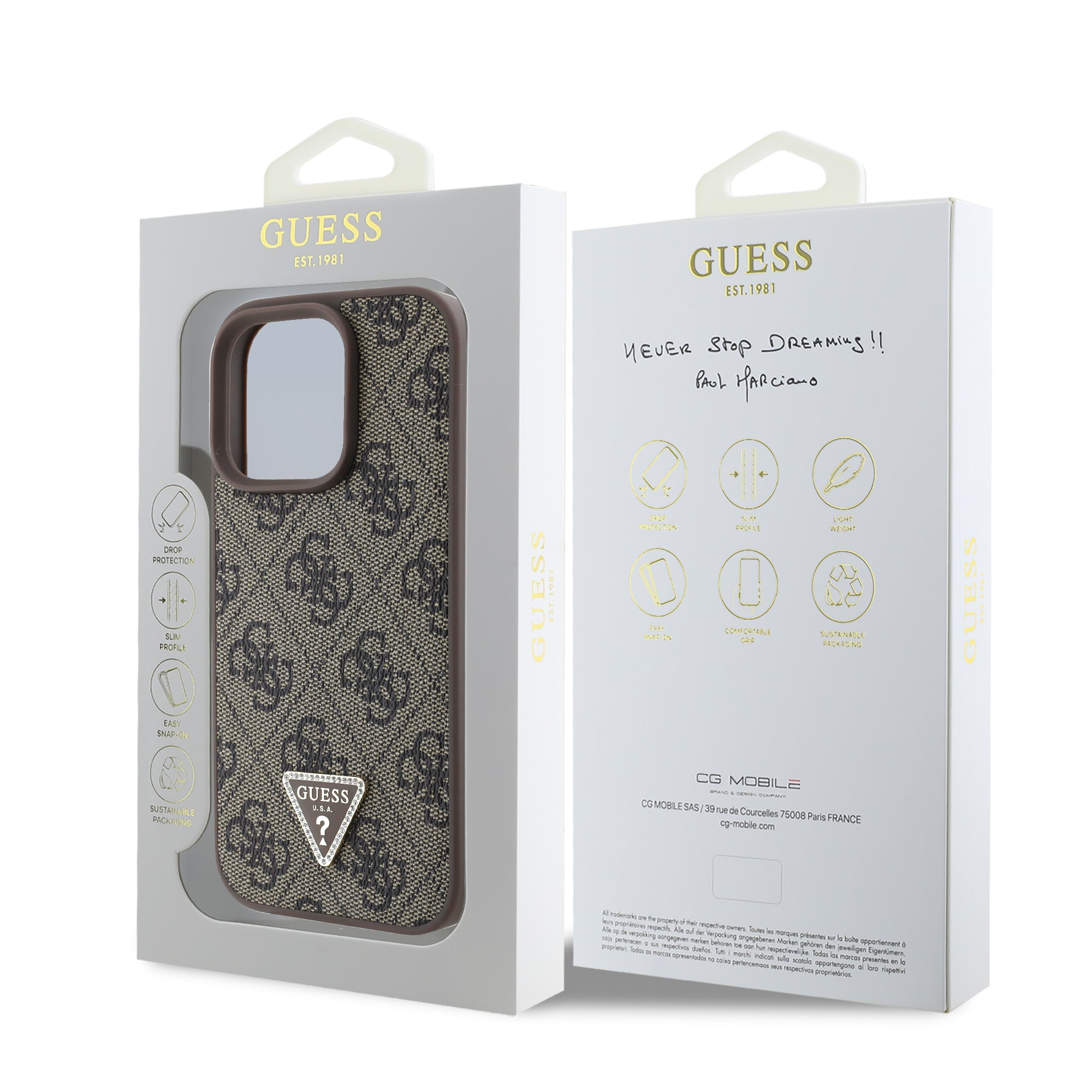 Guess “4G Triangle Strass Collection” Hard Case Θήκη προστασίας από δερματίνη– iPhone 16 Pro (Καφέ – GUHCP16LP4TDPW)