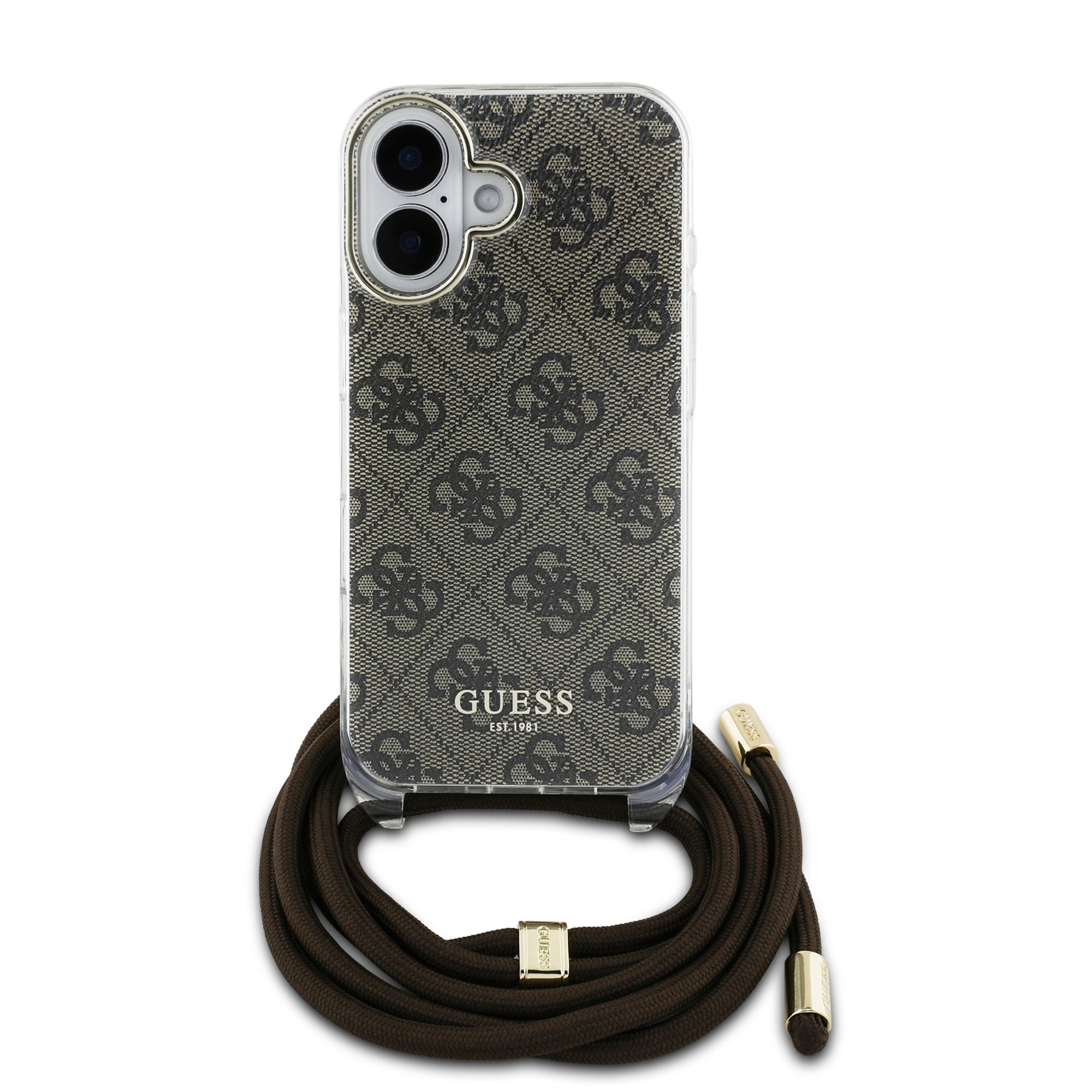 Guess “4G Logo Collection” Crossbody Hard Case Script Metal Logo Θήκη προστασίας από σιλικόνη με λουράκι – iPhone 16 (Καφέ – GUHCP16SHC4SEW)