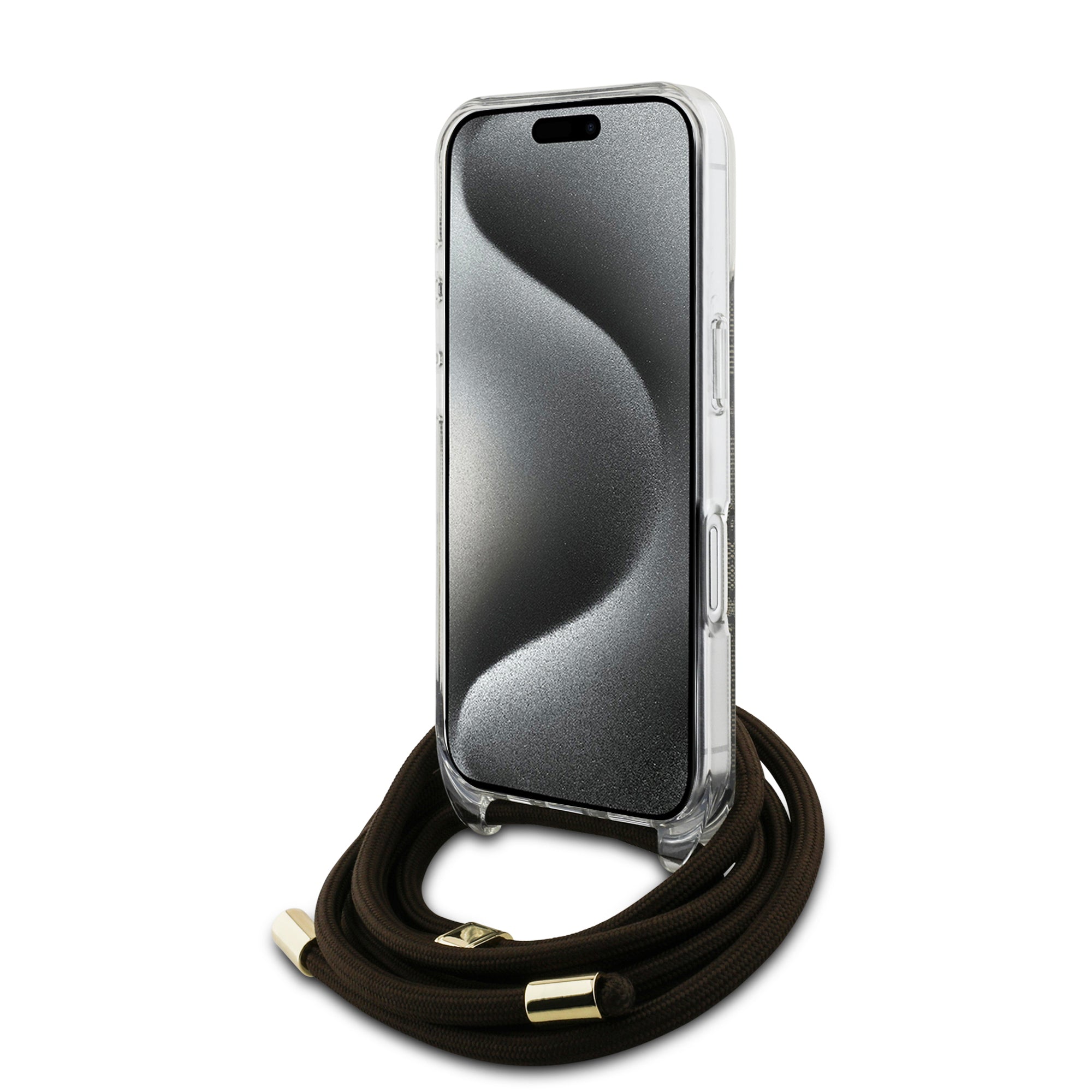 Guess “4G Logo Collection” Crossbody Hard Case Script Metal Logo Θήκη προστασίας από σιλικόνη με λουράκι – iPhone 16 (Καφέ – GUHCP16SHC4SEW)