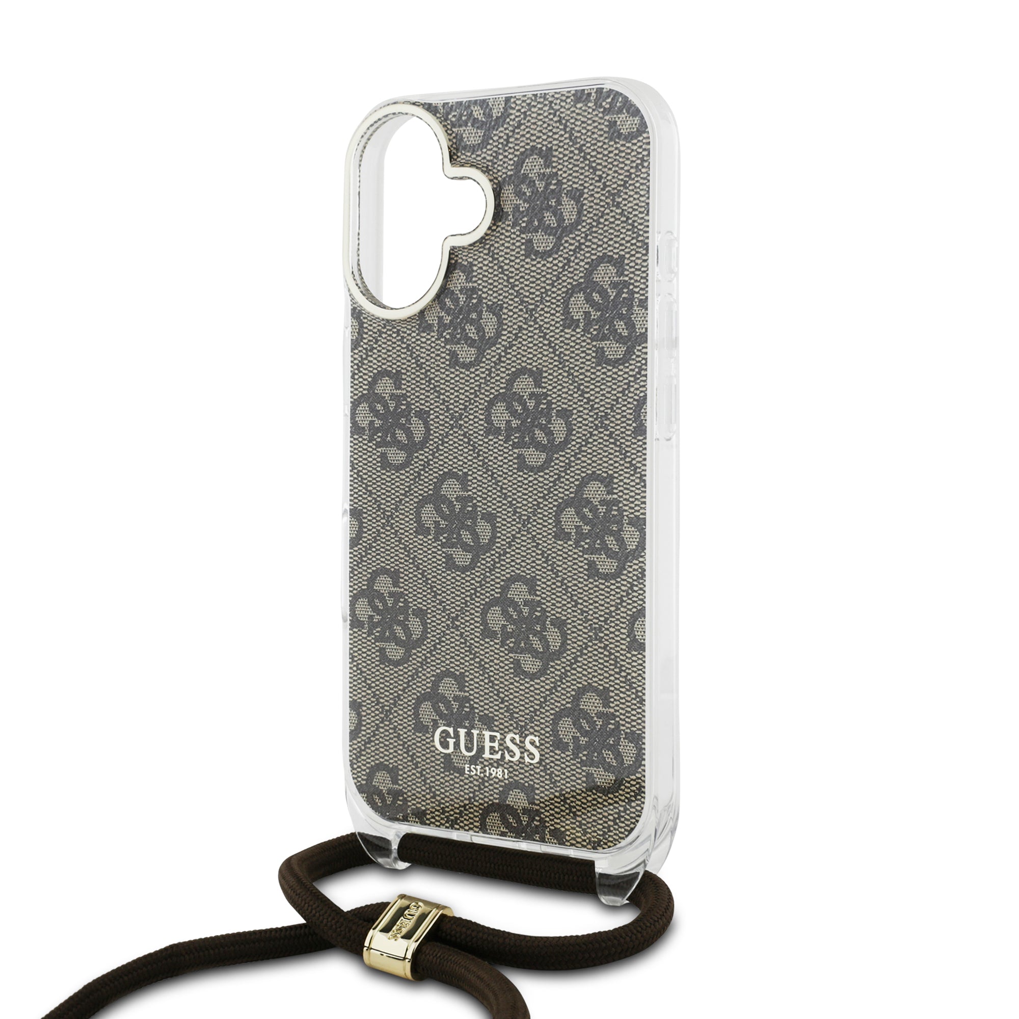 Guess “4G Logo Collection” Crossbody Hard Case Script Metal Logo Θήκη προστασίας από σιλικόνη με λουράκι – iPhone 16 (Καφέ – GUHCP16SHC4SEW)