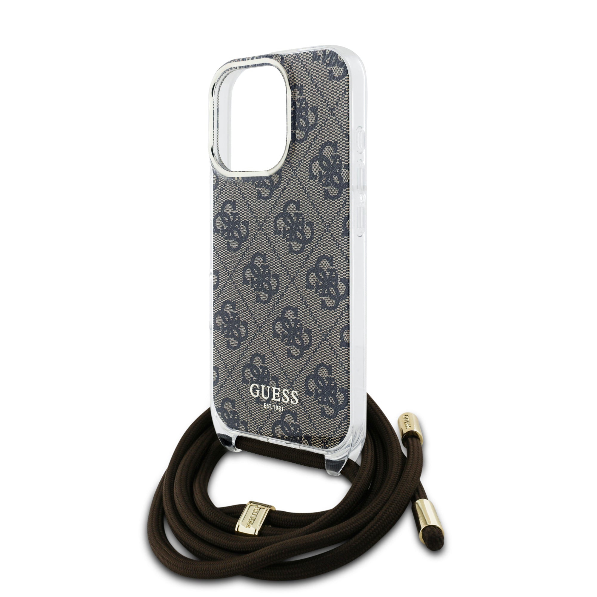 Guess “4G Logo Collection” Crossbody Hard Case Script Metal Logo Θήκη προστασίας από σιλικόνη με λουράκι – iPhone 16 Pro Max (Καφέ – GUHCP16XHC4SEW)