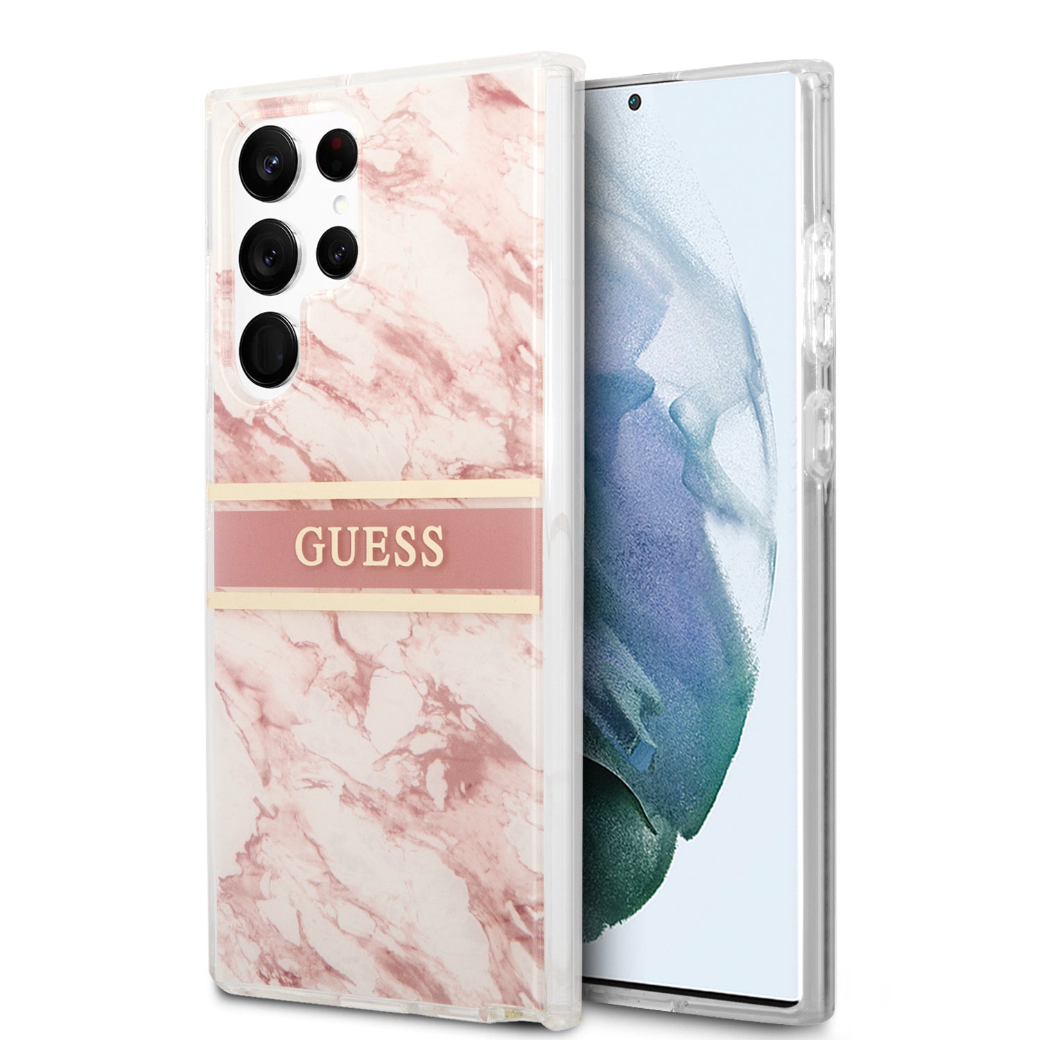 Guess "Marble Collection" Printed Stripe Θήκη Προστασίας Με Όψη Μαρμάρου – Samsung Galaxy S22 Ultra (Ροζ/Λευκό) – Θήκη για κινητό από το PhoneBazaar.gr