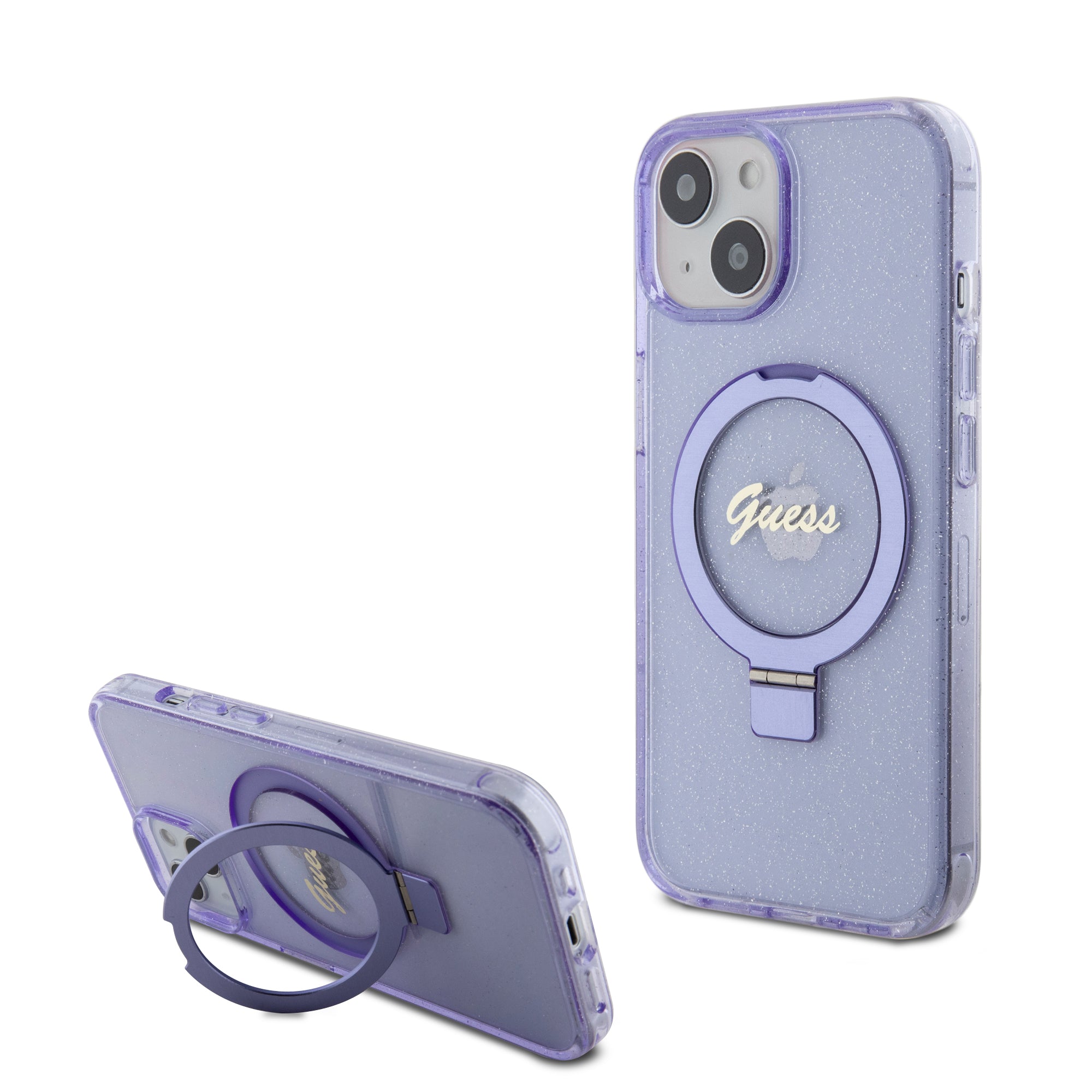 Guess Magsafe Ring Stand Glitter Hard Case Script Logo Θήκη Προστασίας Από Σιλικόνη – Iphone 15 (Διάφανη / Μωβ – Guhmp15Shrsgsu) – Θήκη για κινητό από το PhoneBazaar.gr