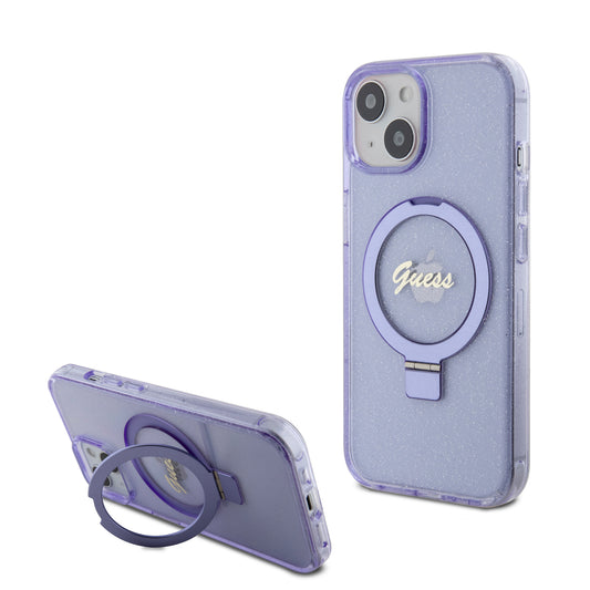 Guess Magsafe Ring Stand Glitter Hard Case Script Logo Θήκη Προστασίας Από Σιλικόνη – Iphone 15 (Διάφανη / Μωβ – Guhmp15Shrsgsu) – Θήκη για κινητό από το PhoneBazaar.gr