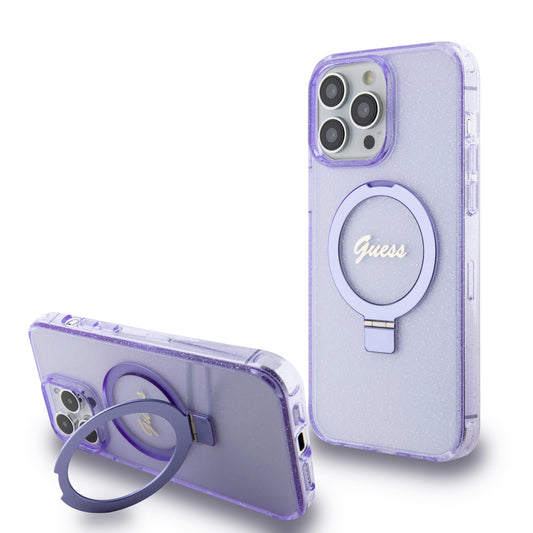 Guess Magsafe Ring Stand Glitter Hard Case Script Logo Θήκη Προστασίας Από Σιλικόνη – Iphone 15 Pro Max (Διάφανη / Μωβ – Guhmp15Xhrsgsu) – Θήκη για κινητό από το PhoneBazaar.gr