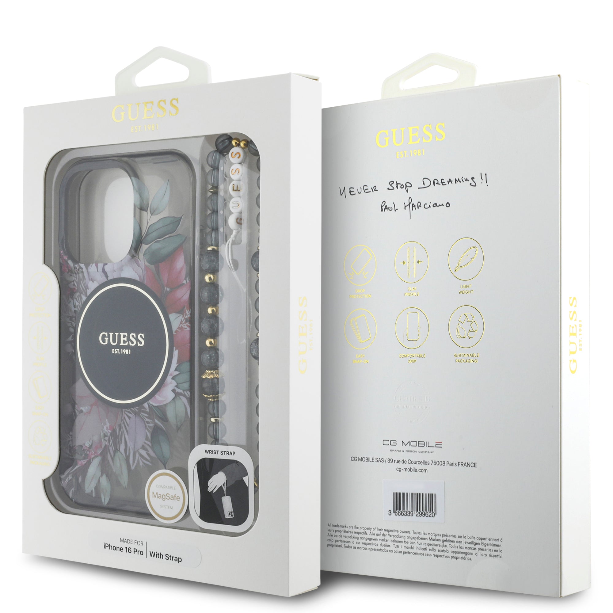 Guess Magsafe “Flowers with Pearl Strap” Hard Case Θήκη προστασίας από σκληρό πλαστικό – iPhone 16 Pro (Μαύρο – GUHMP16LHFWBRCESK)