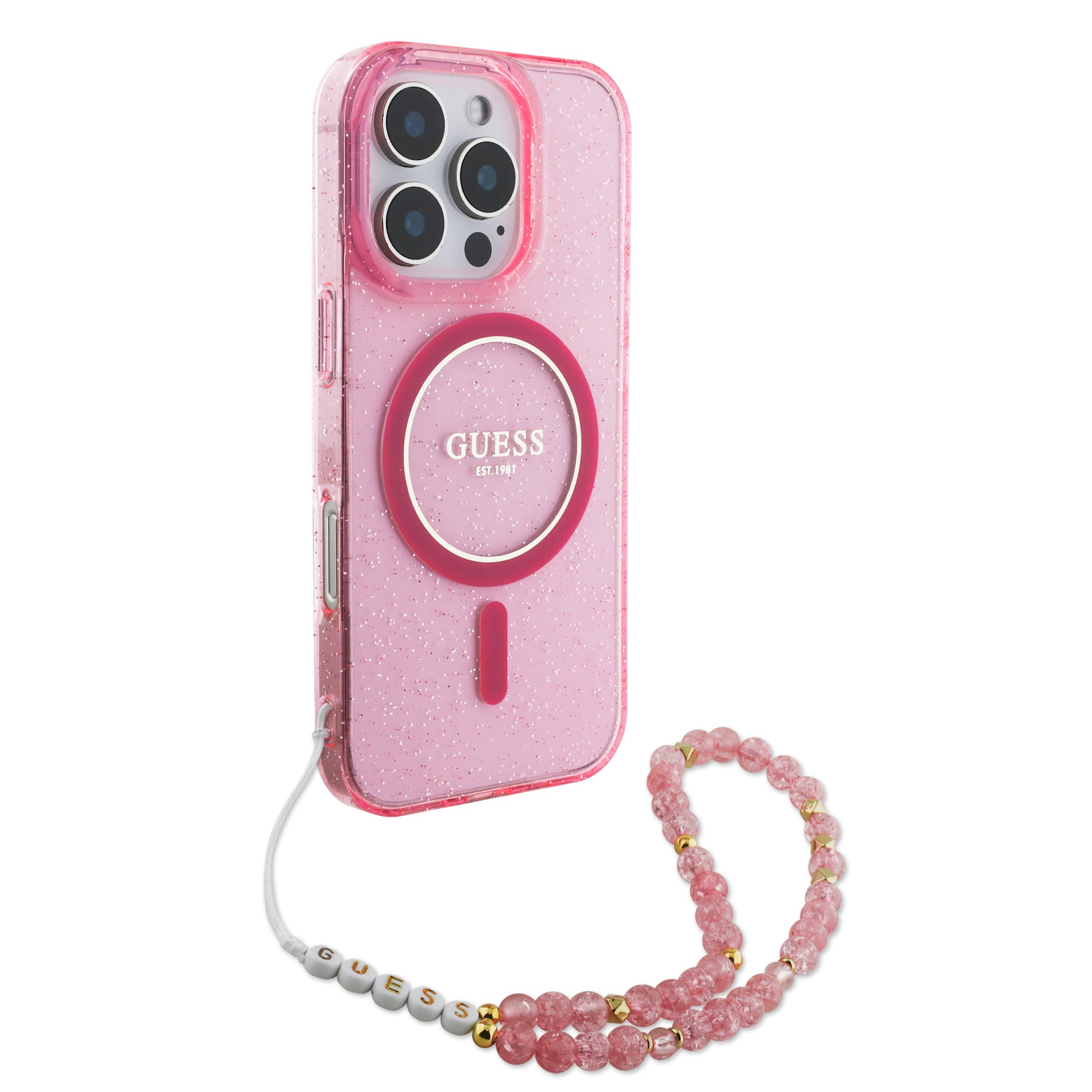 Guess Magsafe “Glitter with Pearl Strap” Hard Case Θήκη προστασίας από σκληρό πλαστικό – iPhone 16 Pro (Ροζ – GUHMP16LHGCRELSF)