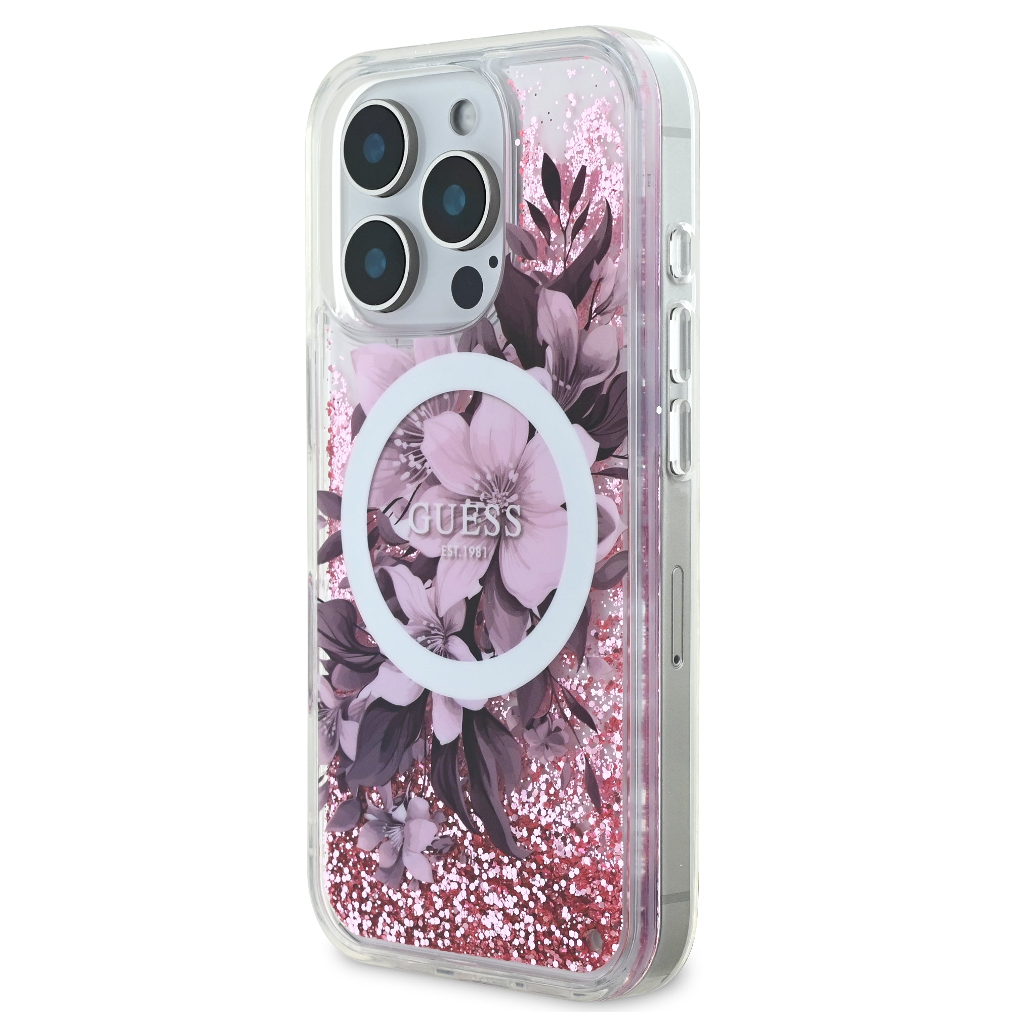 Guess Magsafe “Liquid Glitter Flower" Hard Case Θήκη προστασίας από σκληρό πλαστικό – iPhone 16 Pro (Ροζ – GUHMP16LLFMWTP)