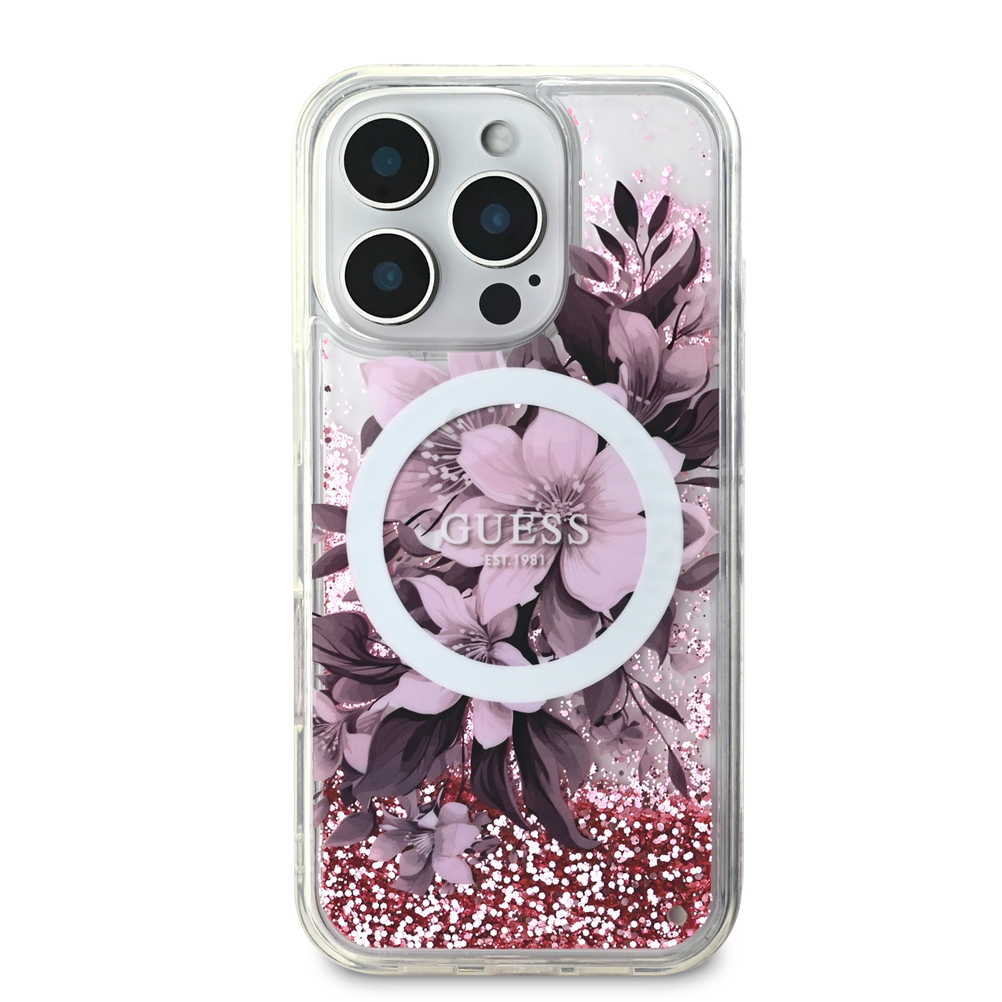 Guess Magsafe “Liquid Glitter Flower" Hard Case Θήκη προστασίας από σκληρό πλαστικό – iPhone 16 Pro (Ροζ – GUHMP16LLFMWTP)