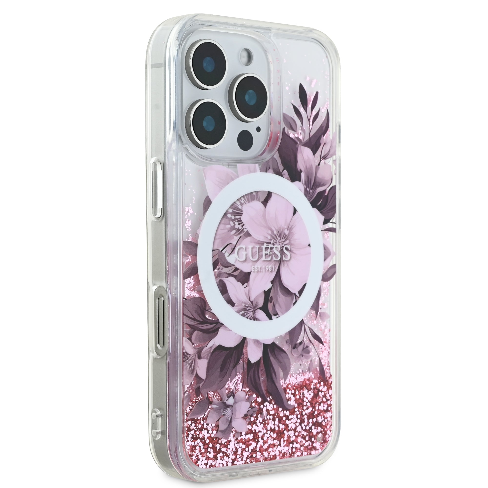 Guess Magsafe “Liquid Glitter Flower" Hard Case Θήκη προστασίας από σκληρό πλαστικό – iPhone 16 Pro (Ροζ – GUHMP16LLFMWTP)