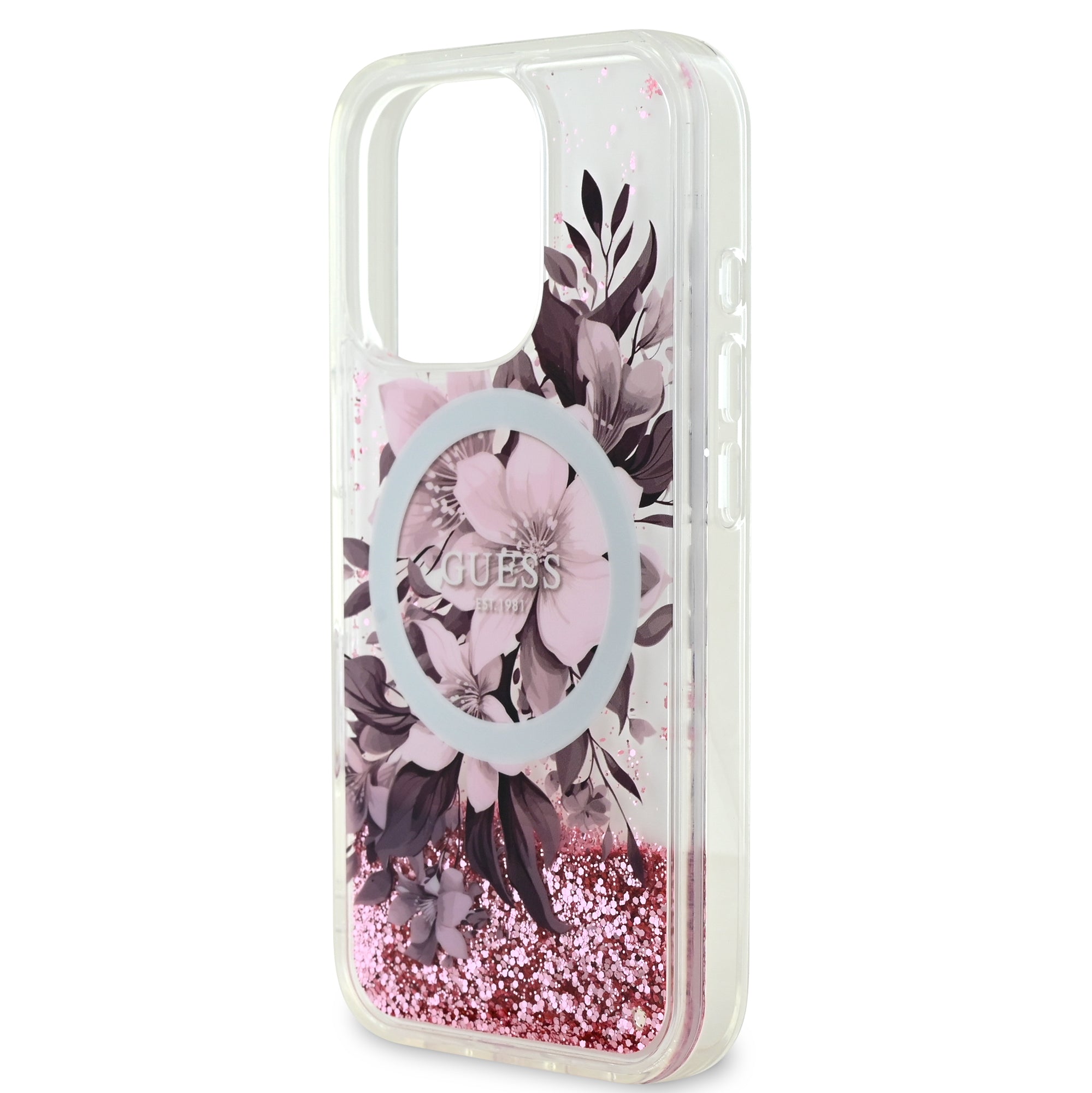 Guess Magsafe “Liquid Glitter Flower" Hard Case Θήκη προστασίας από σκληρό πλαστικό – iPhone 16 Pro (Ροζ – GUHMP16LLFMWTP)