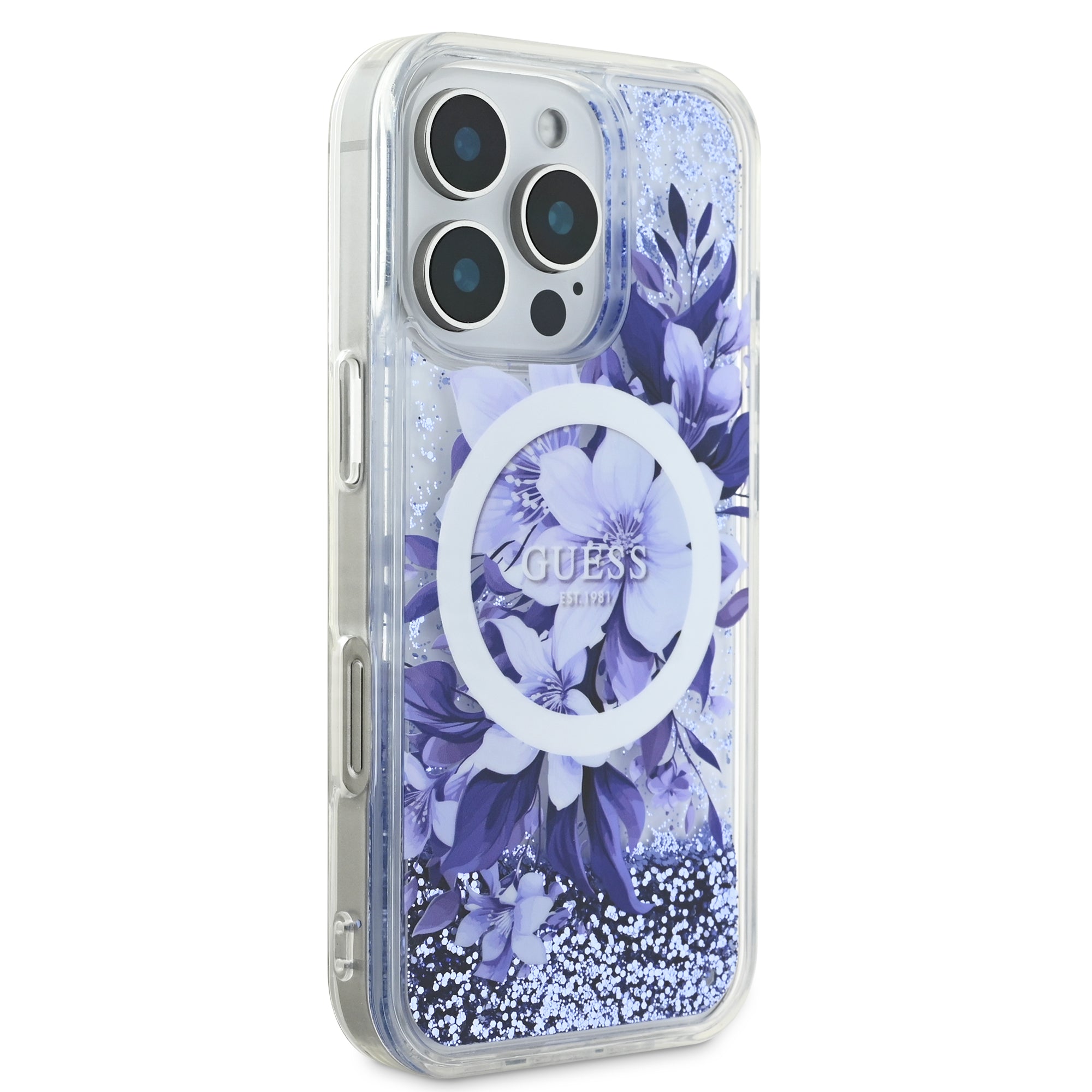 Guess Magsafe “Liquid Glitter Flower" Hard Case Θήκη προστασίας από σκληρό πλαστικό – iPhone 16 Pro (Μωβ – GUHMP16LLFMWTU)