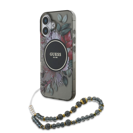 Guess Magsafe “Flowers With Pearl Strap” Hard Case Θήκη Προστασίας Από Σκληρό Πλαστικό – Iphone 16 (Μαύρο – Guhmp16Shfwbrcesk) – Θήκη για κινητό από το PhoneBazaar.gr