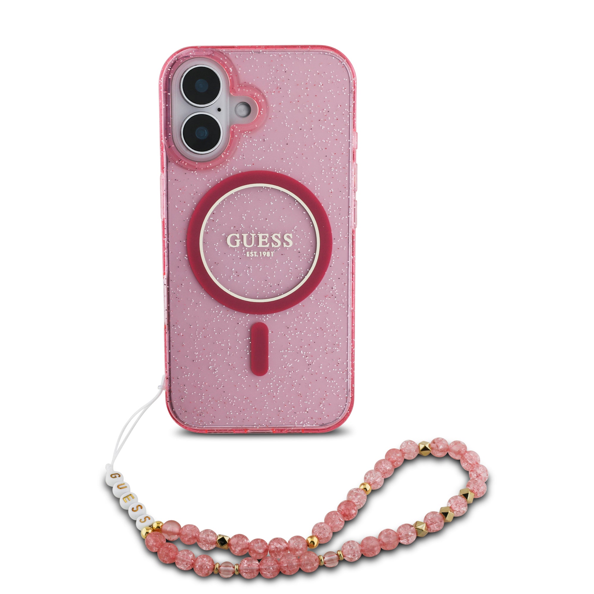 Guess Magsafe “Glitter with Pearl Strap” Hard Case Θήκη προστασίας από σκληρό πλαστικό – iPhone 16 (Ροζ – GUHMP16SHGCRELSF)