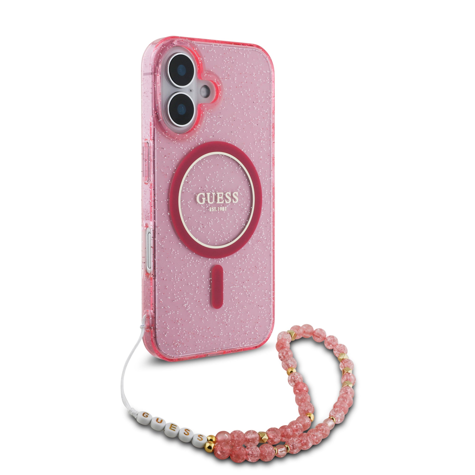 Guess Magsafe “Glitter with Pearl Strap” Hard Case Θήκη προστασίας από σκληρό πλαστικό – iPhone 16 (Ροζ – GUHMP16SHGCRELSF)