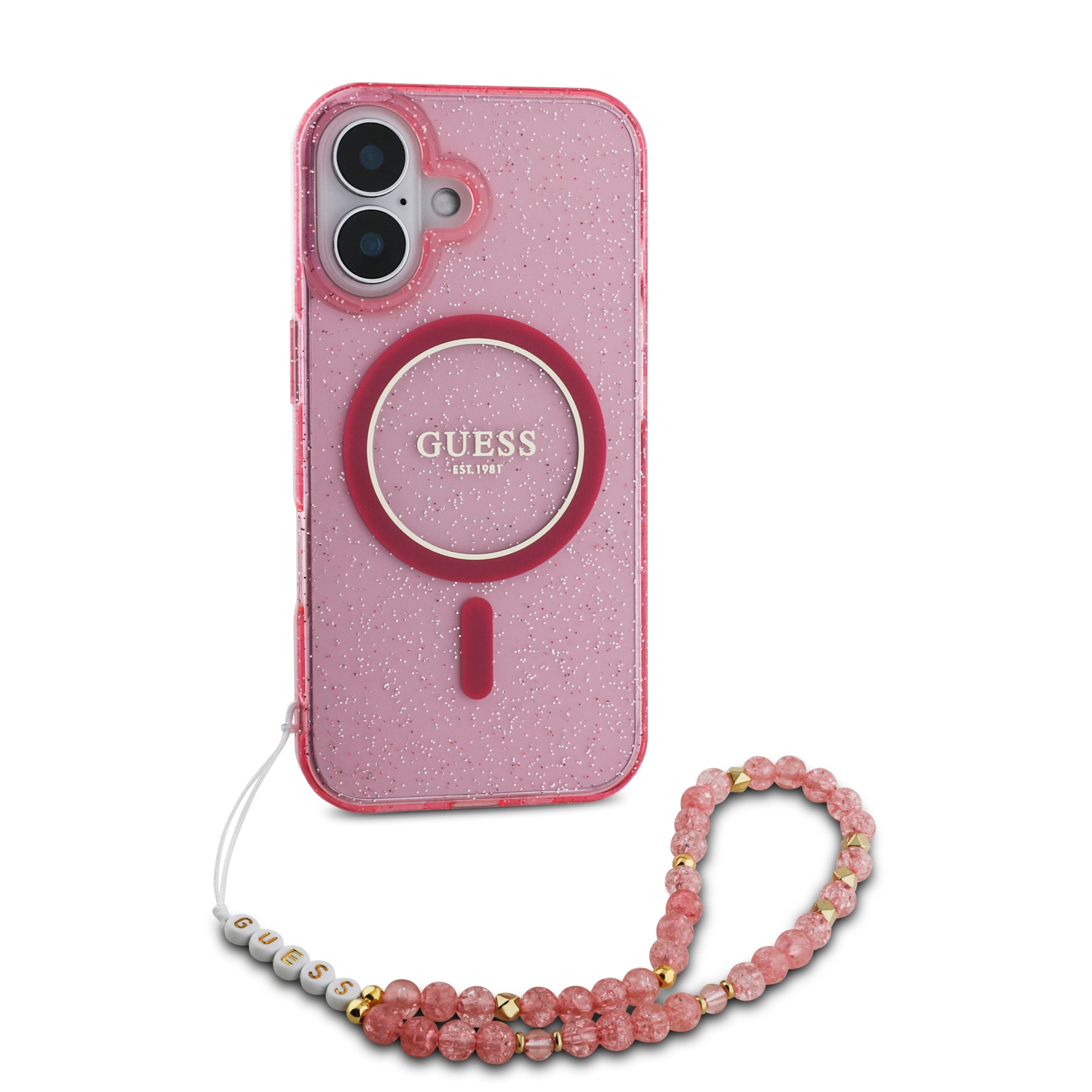 Guess Magsafe “Glitter with Pearl Strap” Hard Case Θήκη προστασίας από σκληρό πλαστικό – iPhone 16 (Ροζ – GUHMP16SHGCRELSF)