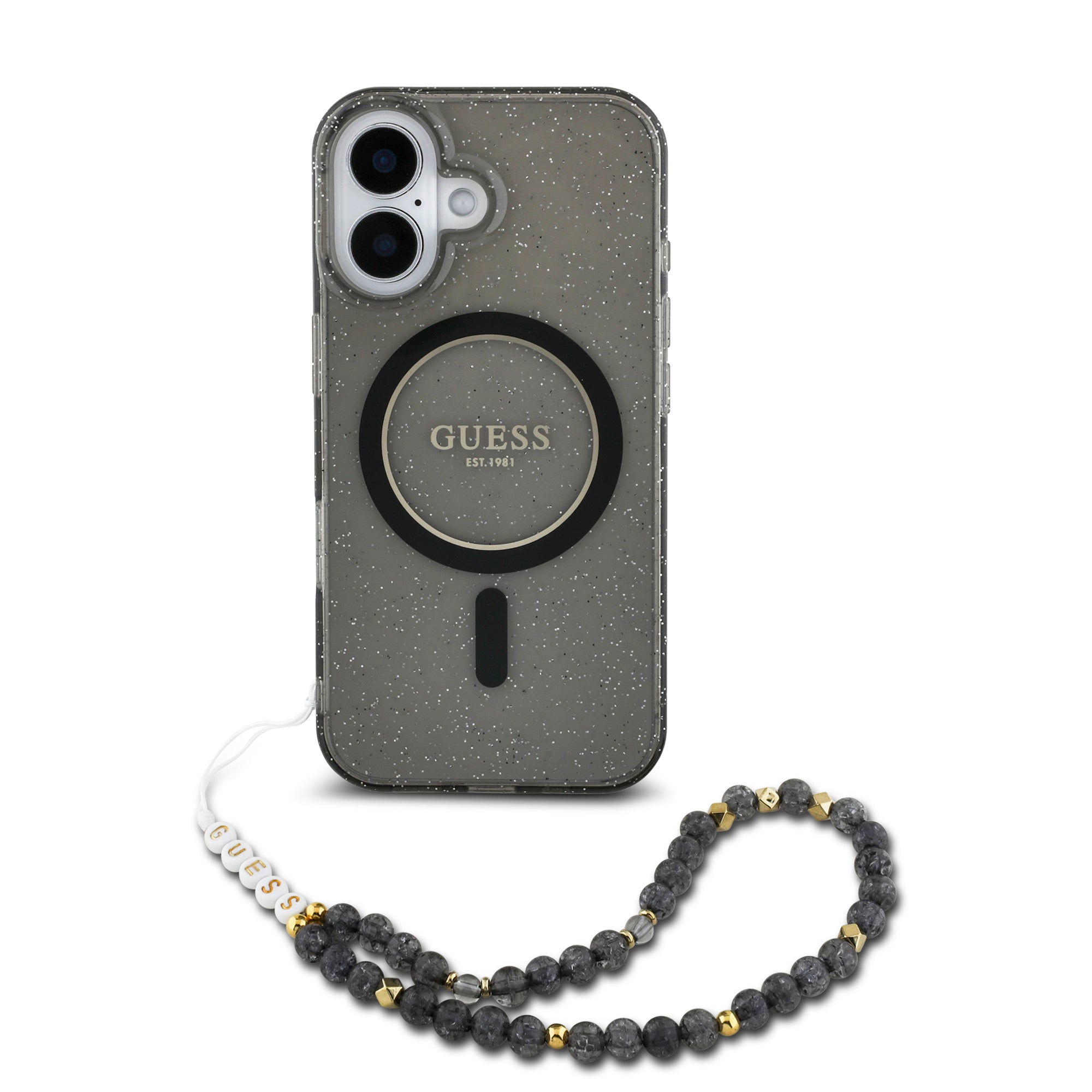 Guess Magsafe “Glitter with Pearl Strap” Hard Case Θήκη προστασίας από σκληρό πλαστικό – iPhone 16 (Μαύρο – GUHMP16SHGCRELSK)