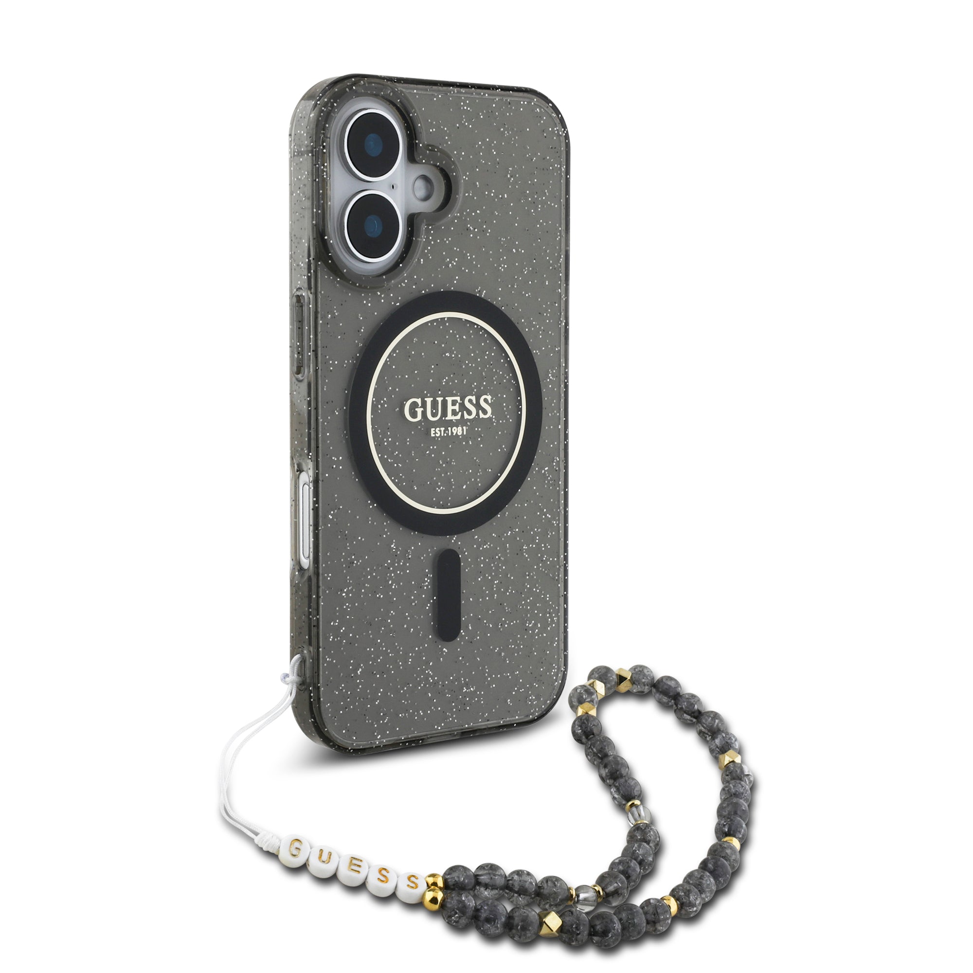 Guess Magsafe “Glitter with Pearl Strap” Hard Case Θήκη προστασίας από σκληρό πλαστικό – iPhone 16 (Μαύρο – GUHMP16SHGCRELSK)